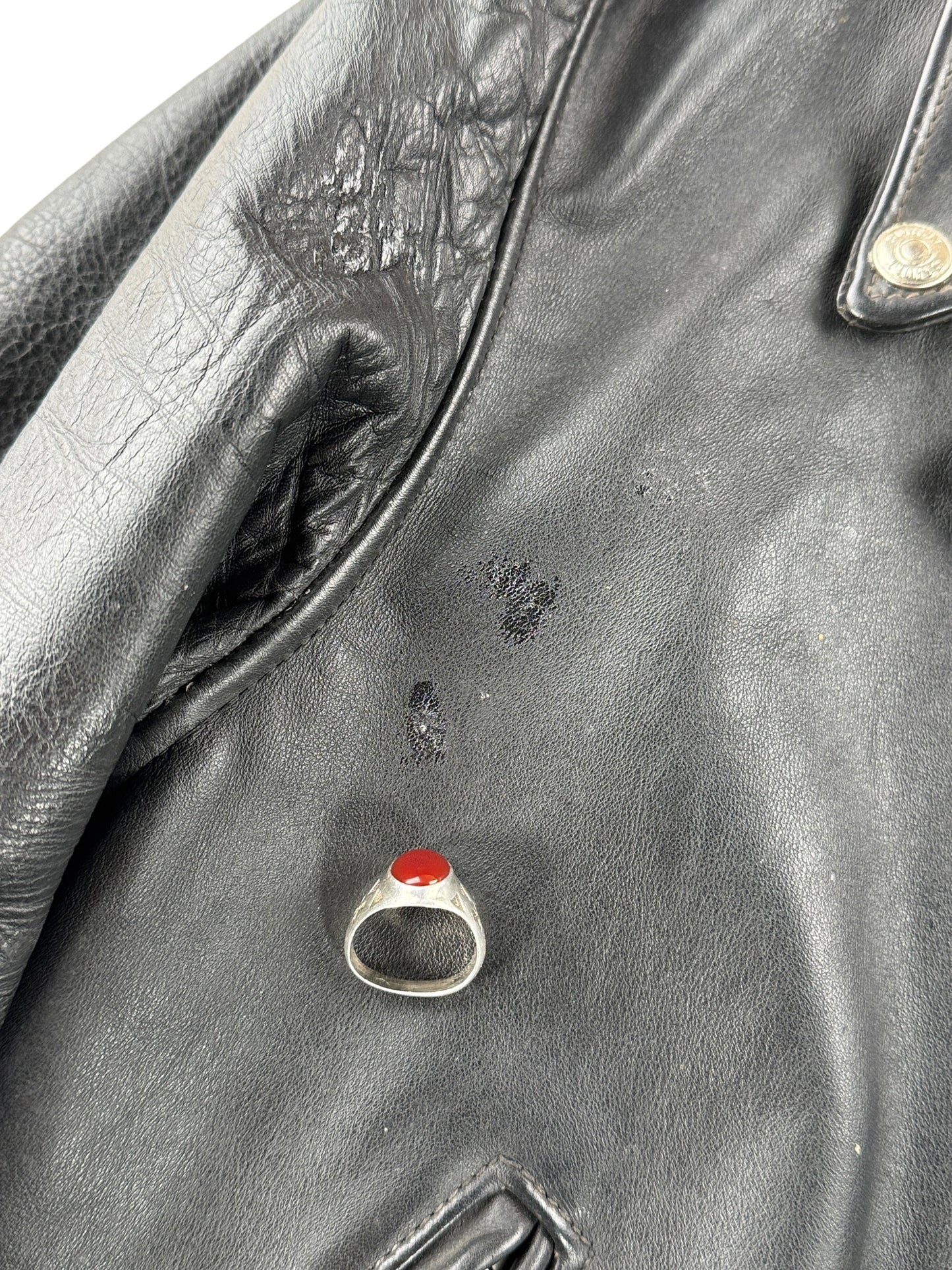 Stains on front of Vintage 80s Era Schott Perfecto Leather Jacket SZ 44