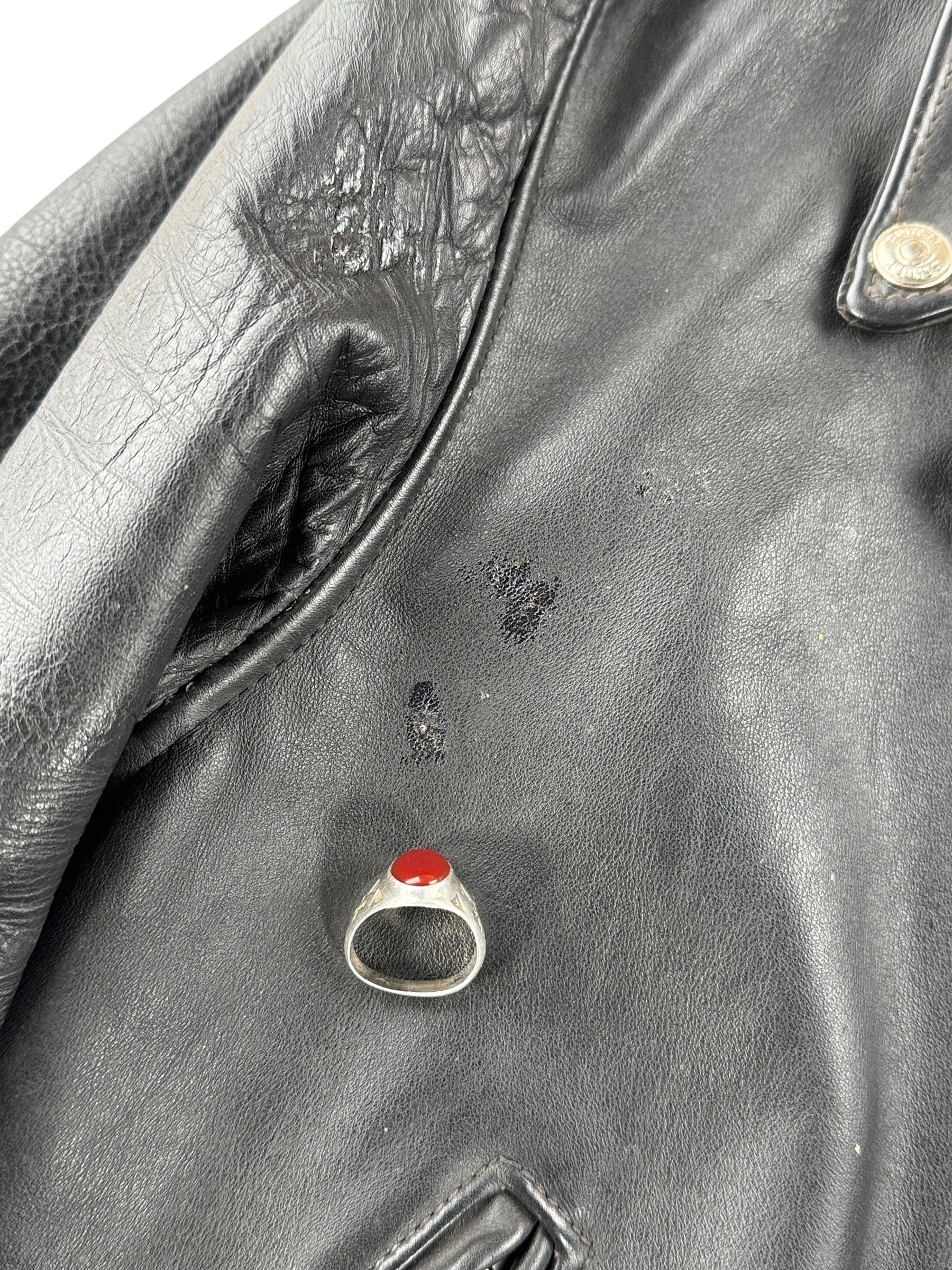 Stains on front of Vintage 80s Era Schott Perfecto Leather Jacket SZ 44
