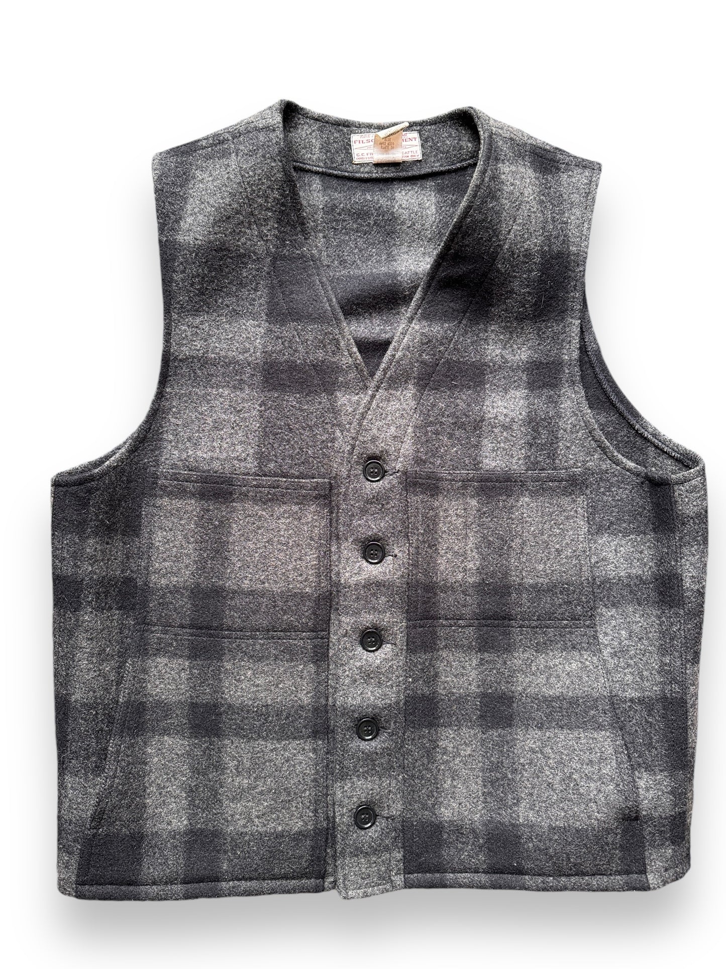 front close up of Vintage Filson Charcoal & Black Wool Vest SZ 44