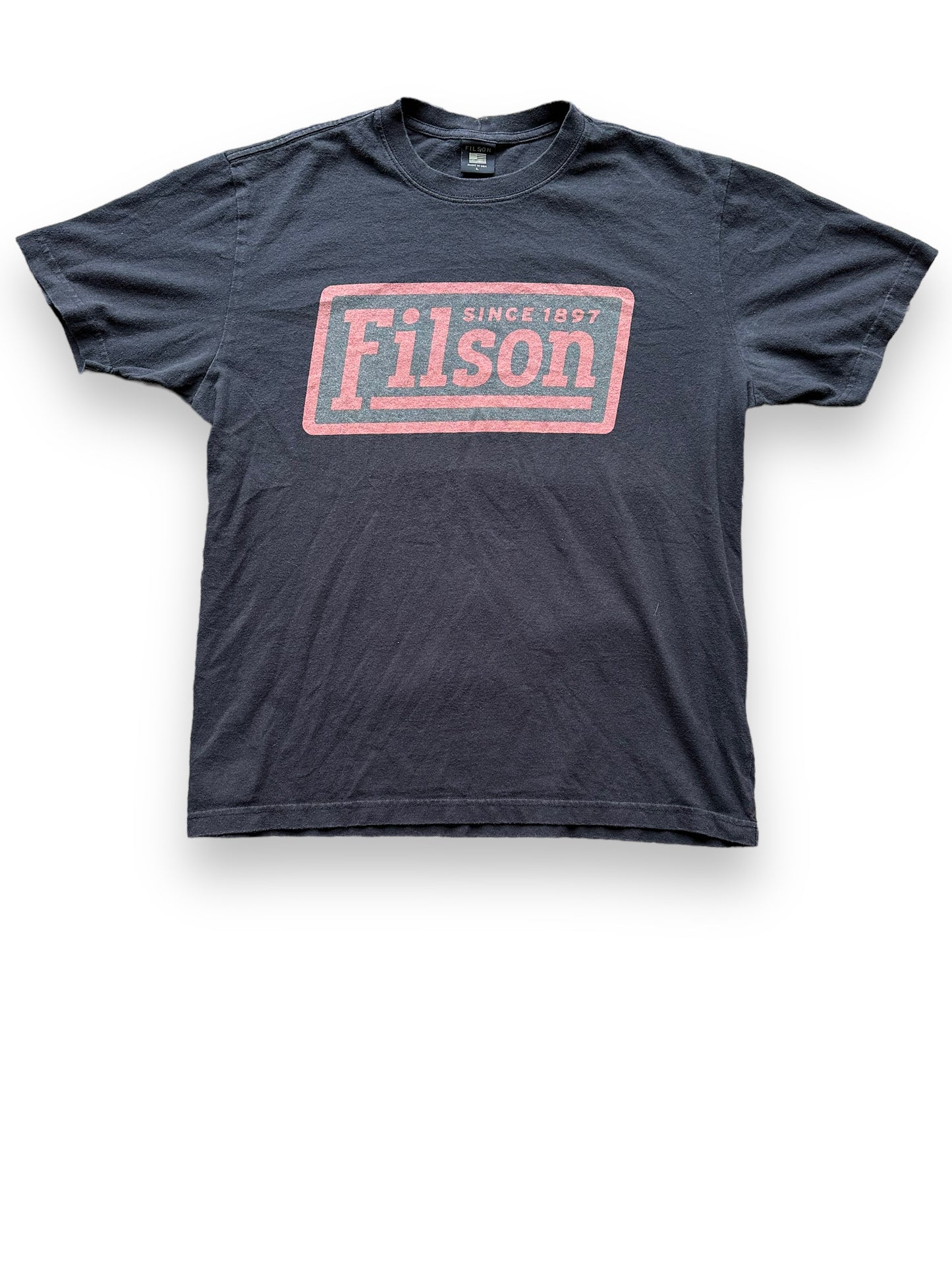 Front View of Filson Black Cotton Graphic Tee SZ L |  Barn Owl Vintage Goods | Vintage Filson Workwear Seattle