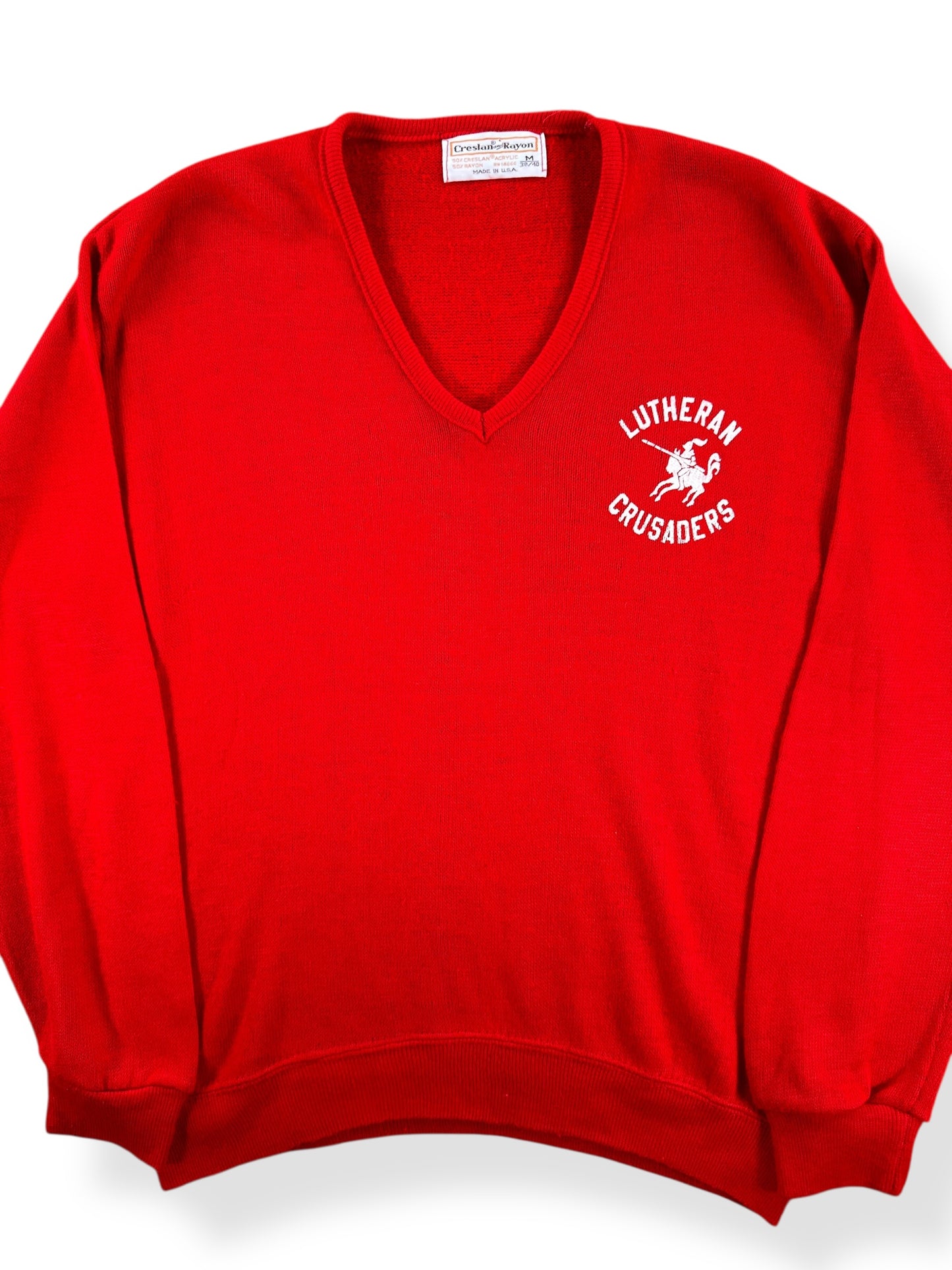 Front Close Up of Vintage Lutheran Crusaders V-Neck Sweater SZ M