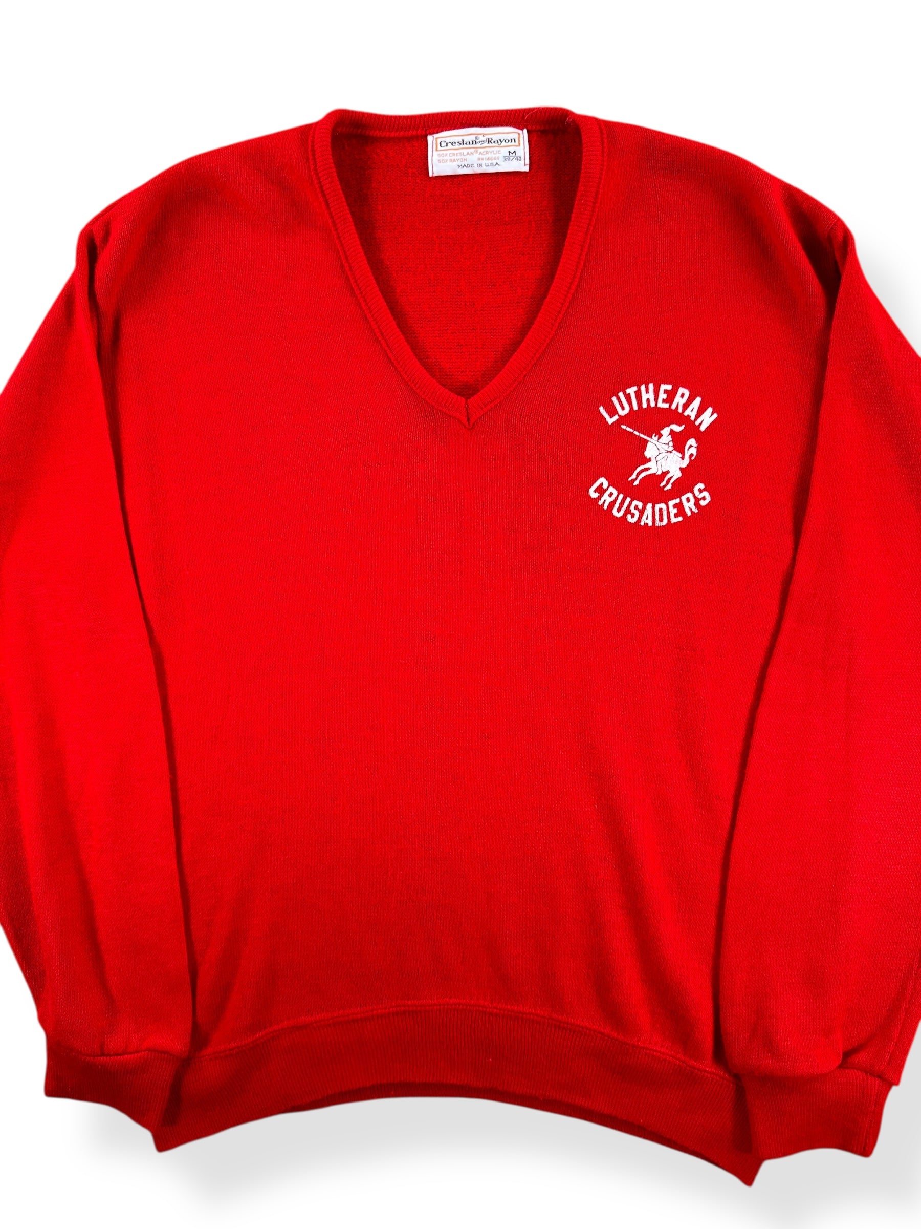 Front Close Up of Vintage Lutheran Crusaders V-Neck Sweater SZ M