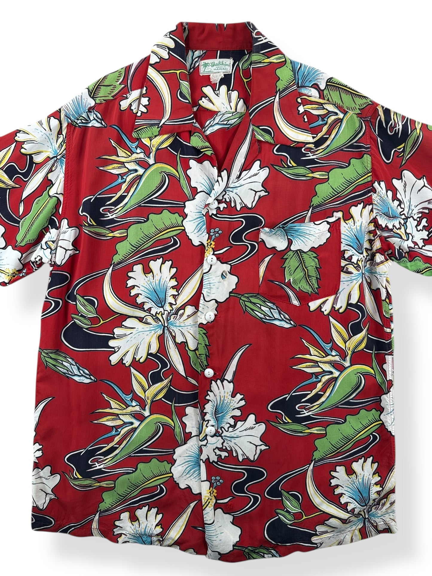 Front Close Up of Vintage Malihini Rayon Aloha Shirt SZ M