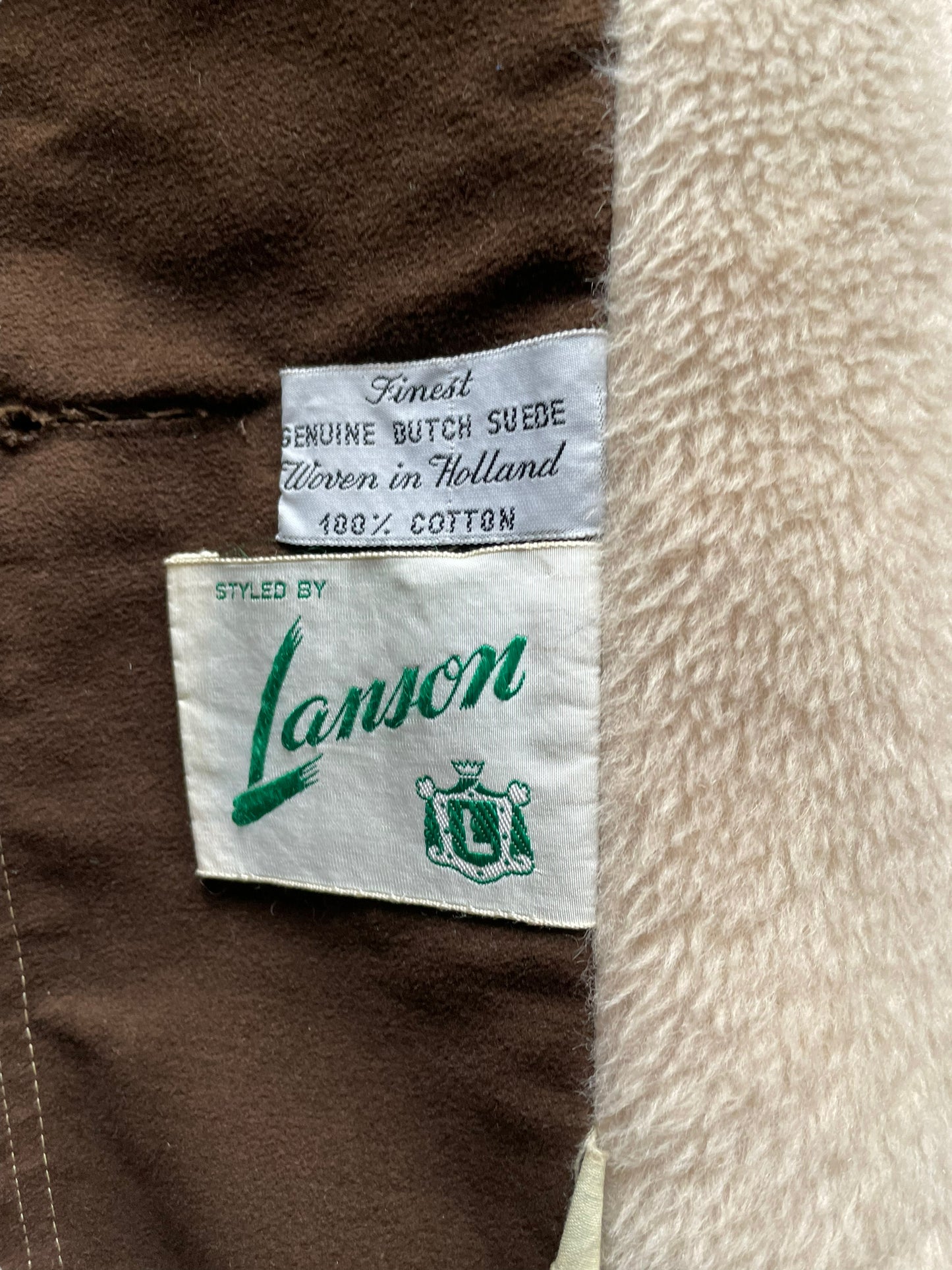 Tag view of Vintage 1960s Lanson Brown Coat with Leopard Fur Collar SZ M-L | Seattle True Vintage | Barn Owl Vintage Coats