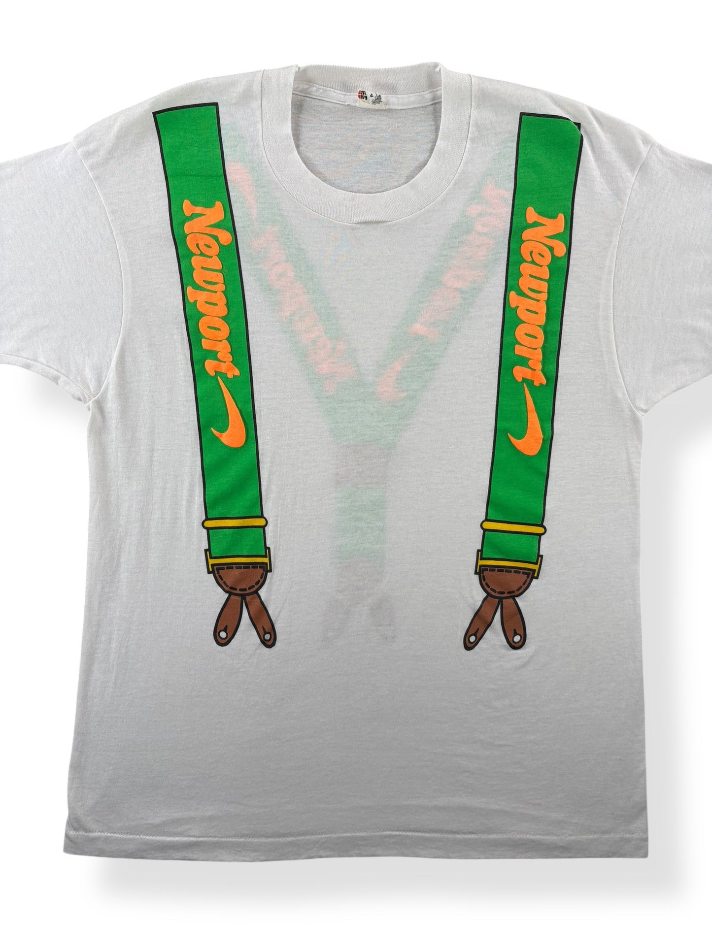 Front Close Up of Vintage Newport Cigarettes Suspender Tee SZ L (Fits M)