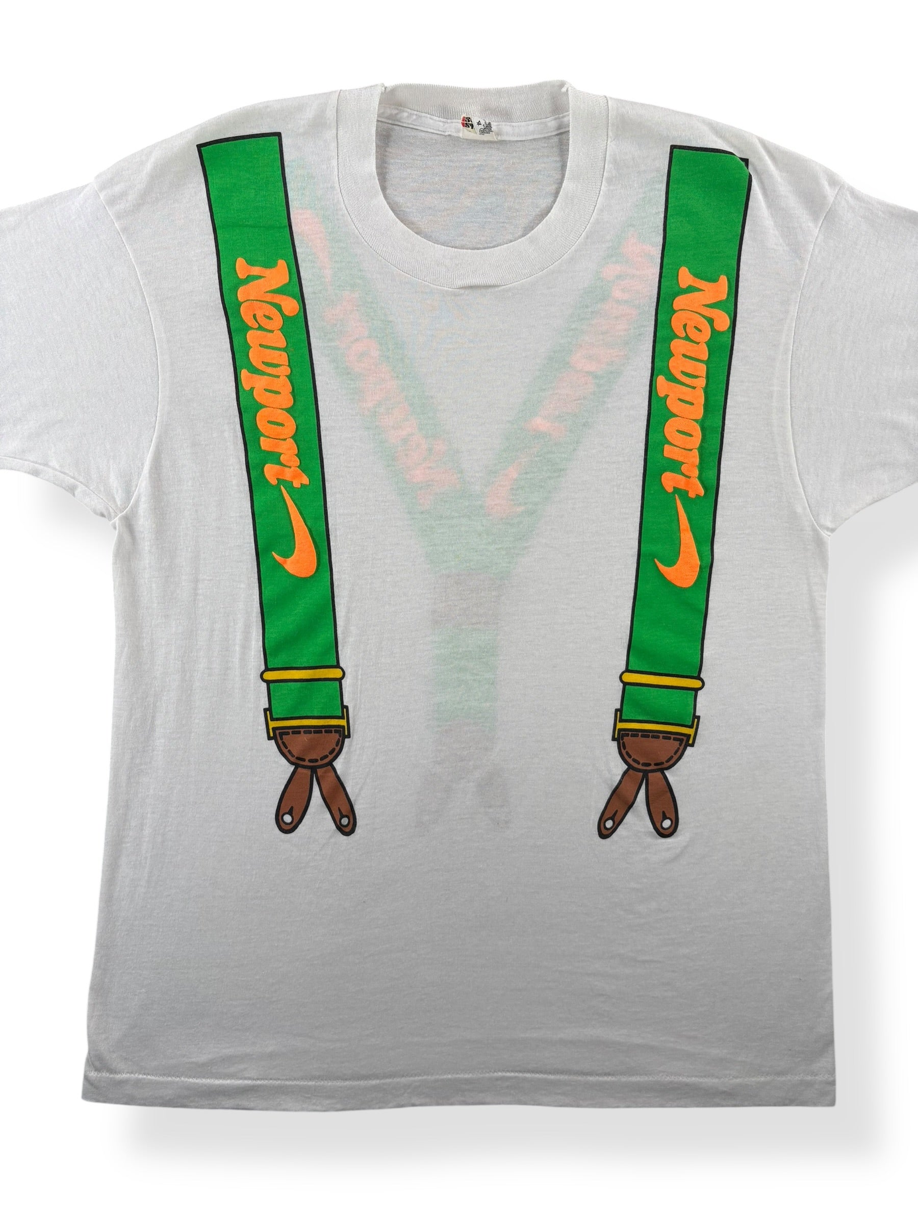 Front Close Up of Vintage Newport Cigarettes Suspender Tee SZ L (Fits M)