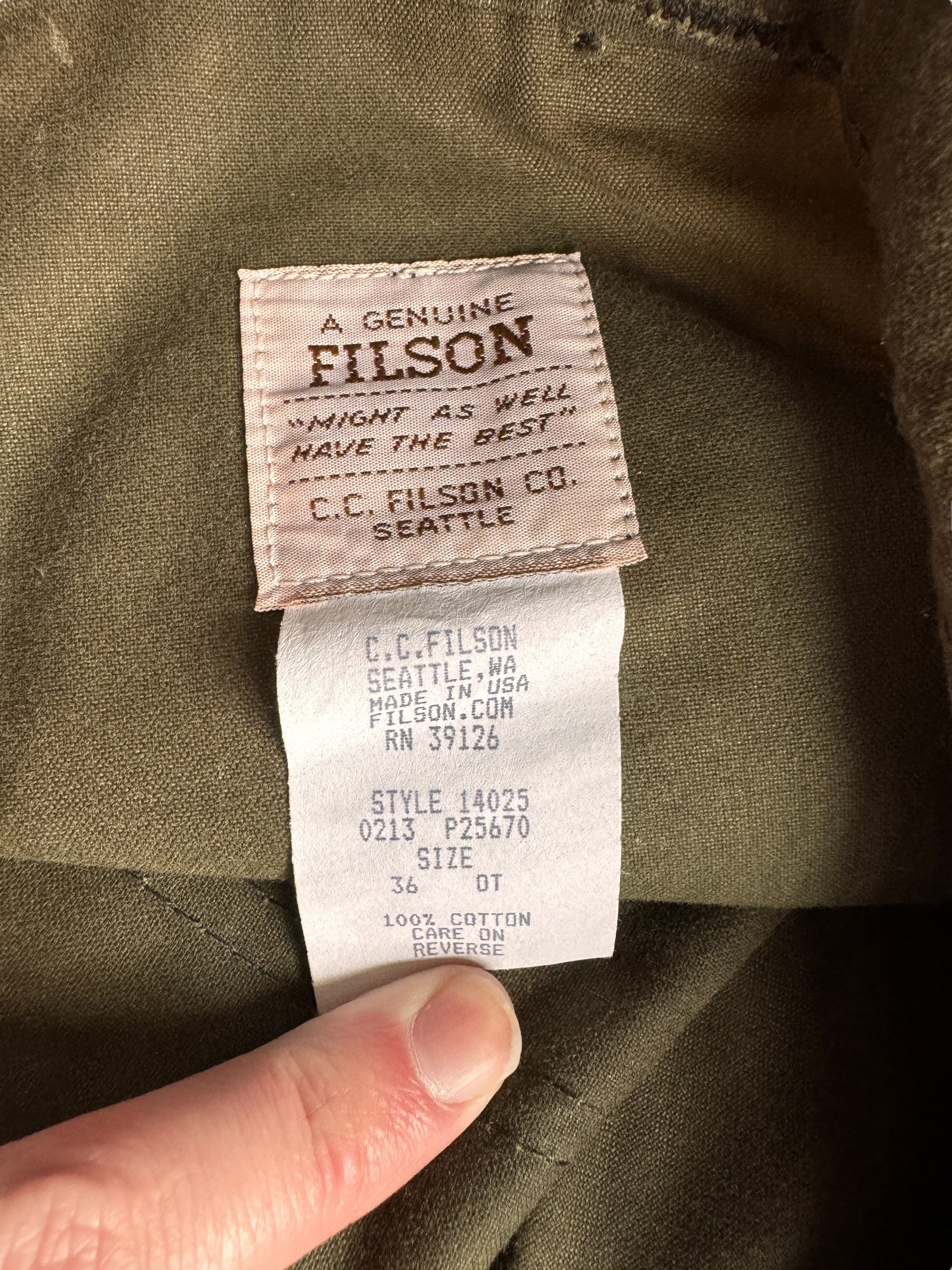 Tag on Filson Double Hunting Pants Otter Green SZ 36