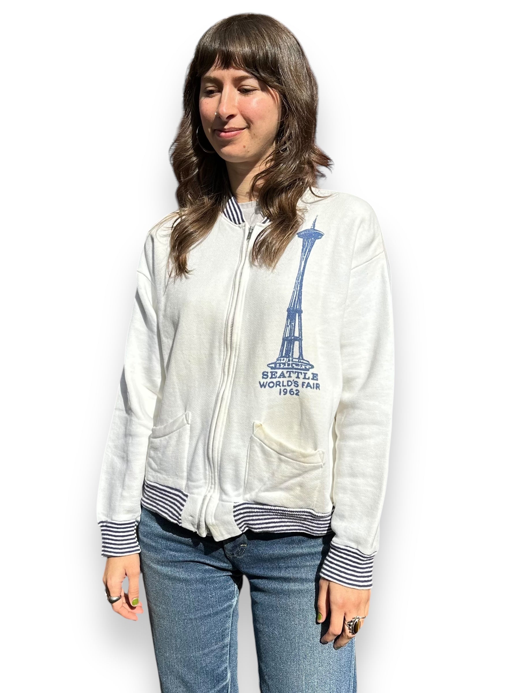 Front On Body View of Vintage Seattle World's Fair 1962 Zip-Up Sweatshirt SZ M