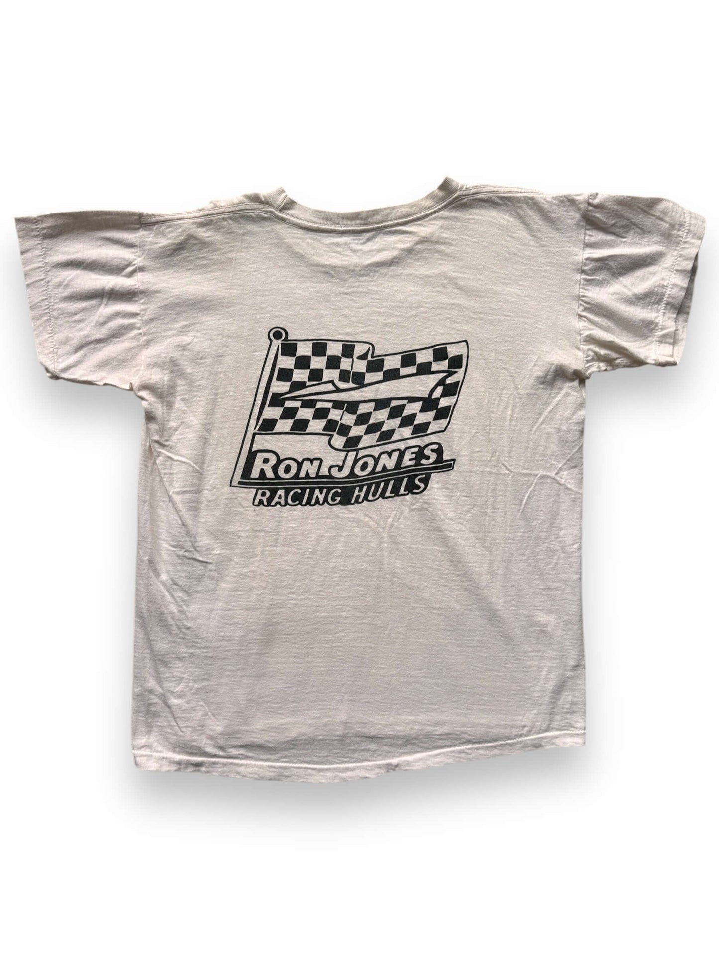 back of Vintage 60s Hand Drawn "Ron Jones Racing Hulls" Racing Tee SZ L