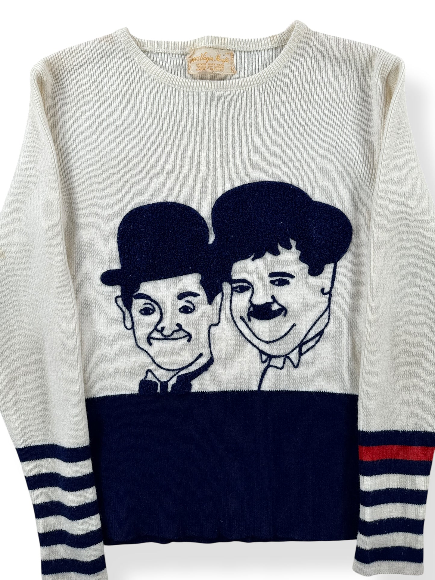 Front Close Up of Vintage Laurel & Hardy Sweater SZ XXS