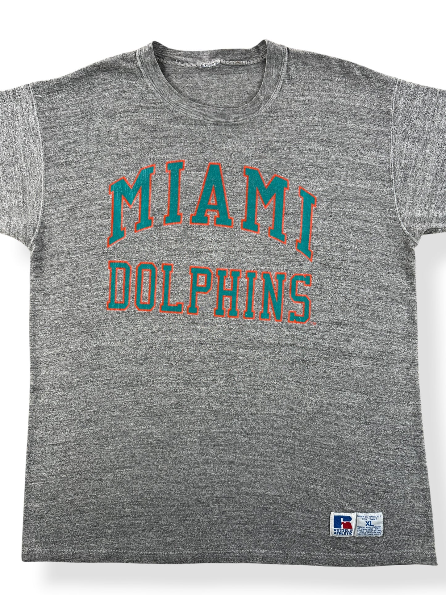 Front Close Up of Vintage Miami Dolphins Russell Tee SZ XL (Fits L)