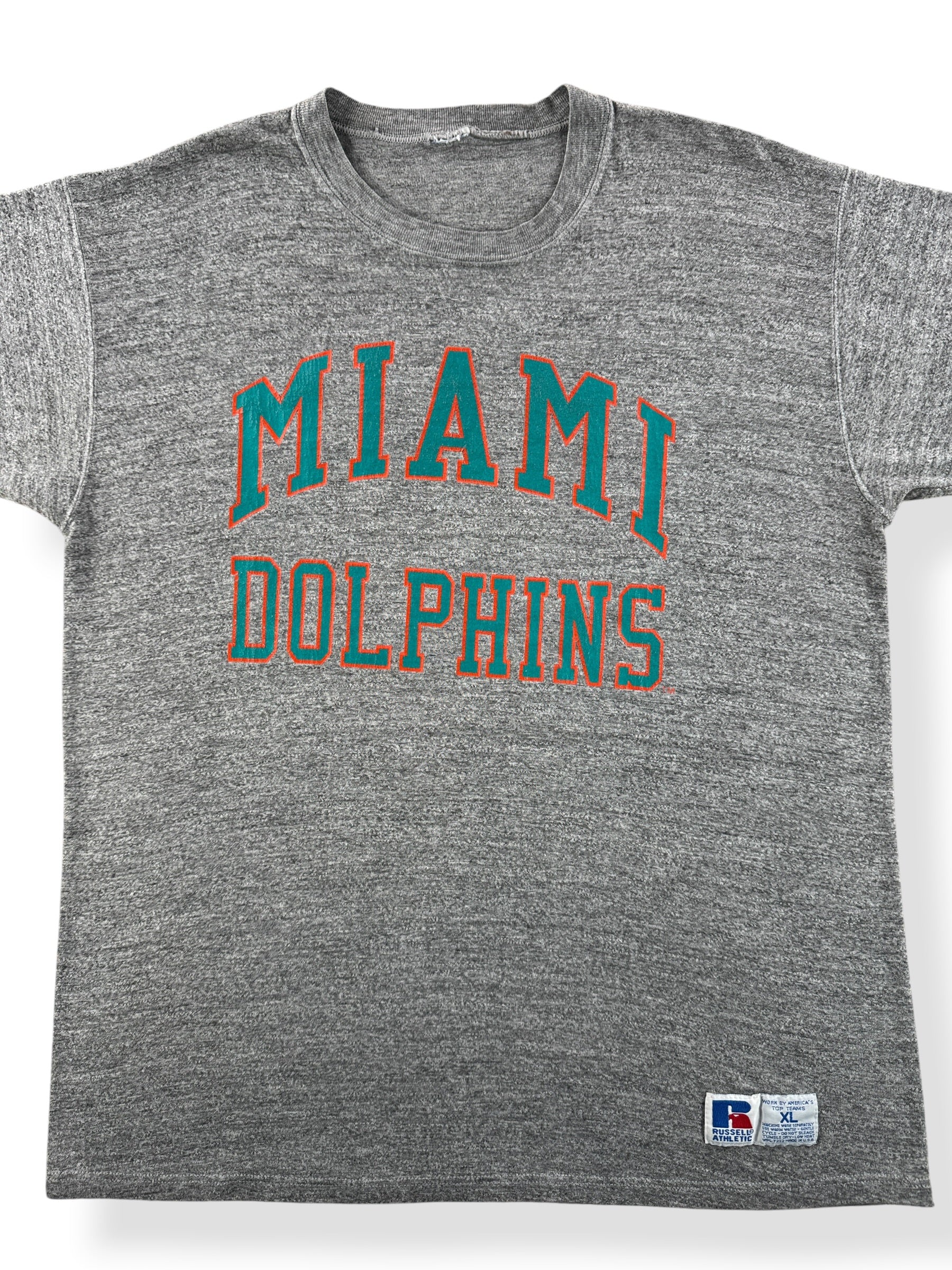 Front Close Up of Vintage Miami Dolphins Russell Tee SZ XL (Fits L)