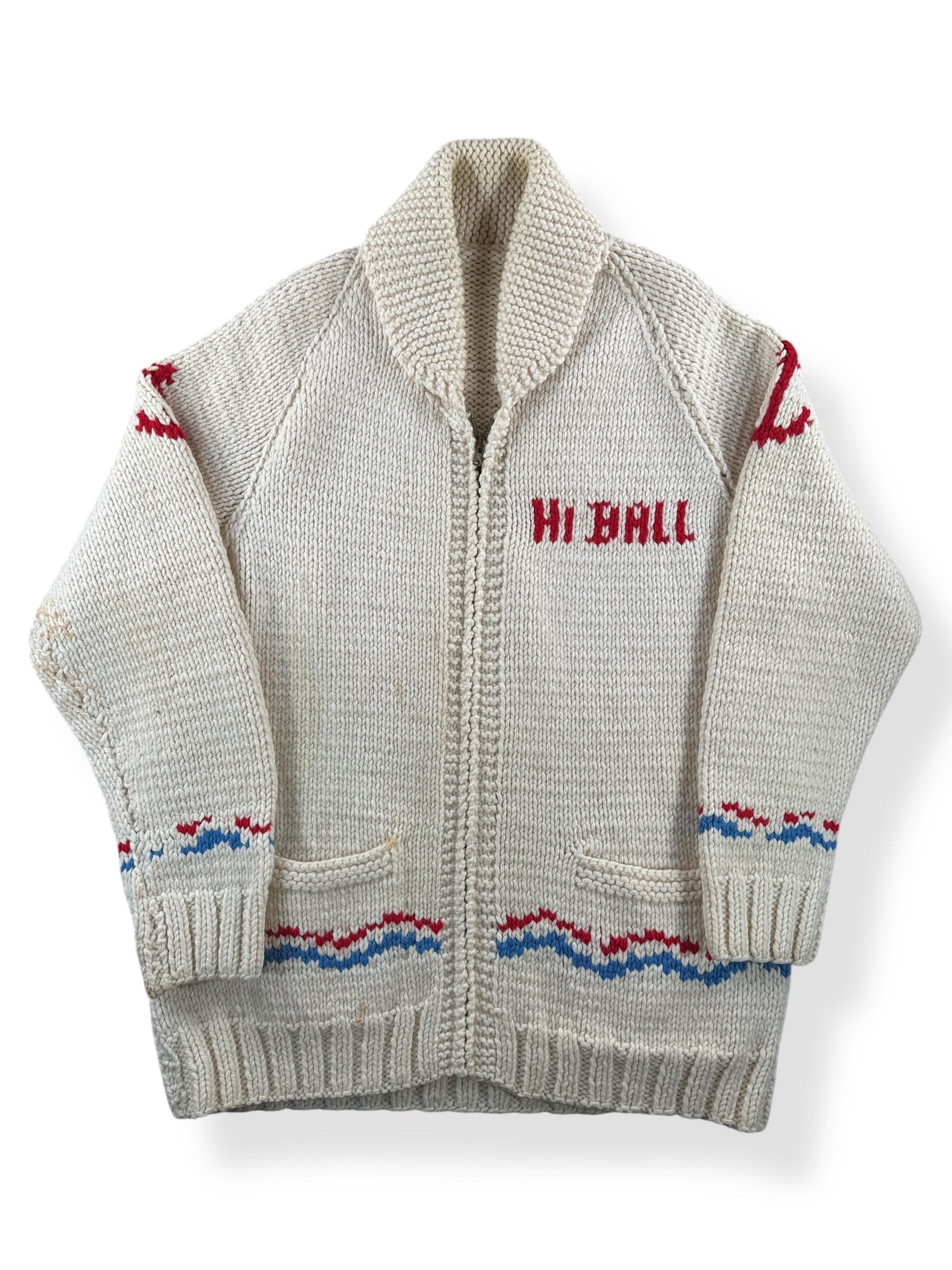 Front of Vintage Hi-Ball Power Boat Cowichan Style Sweater SZ L