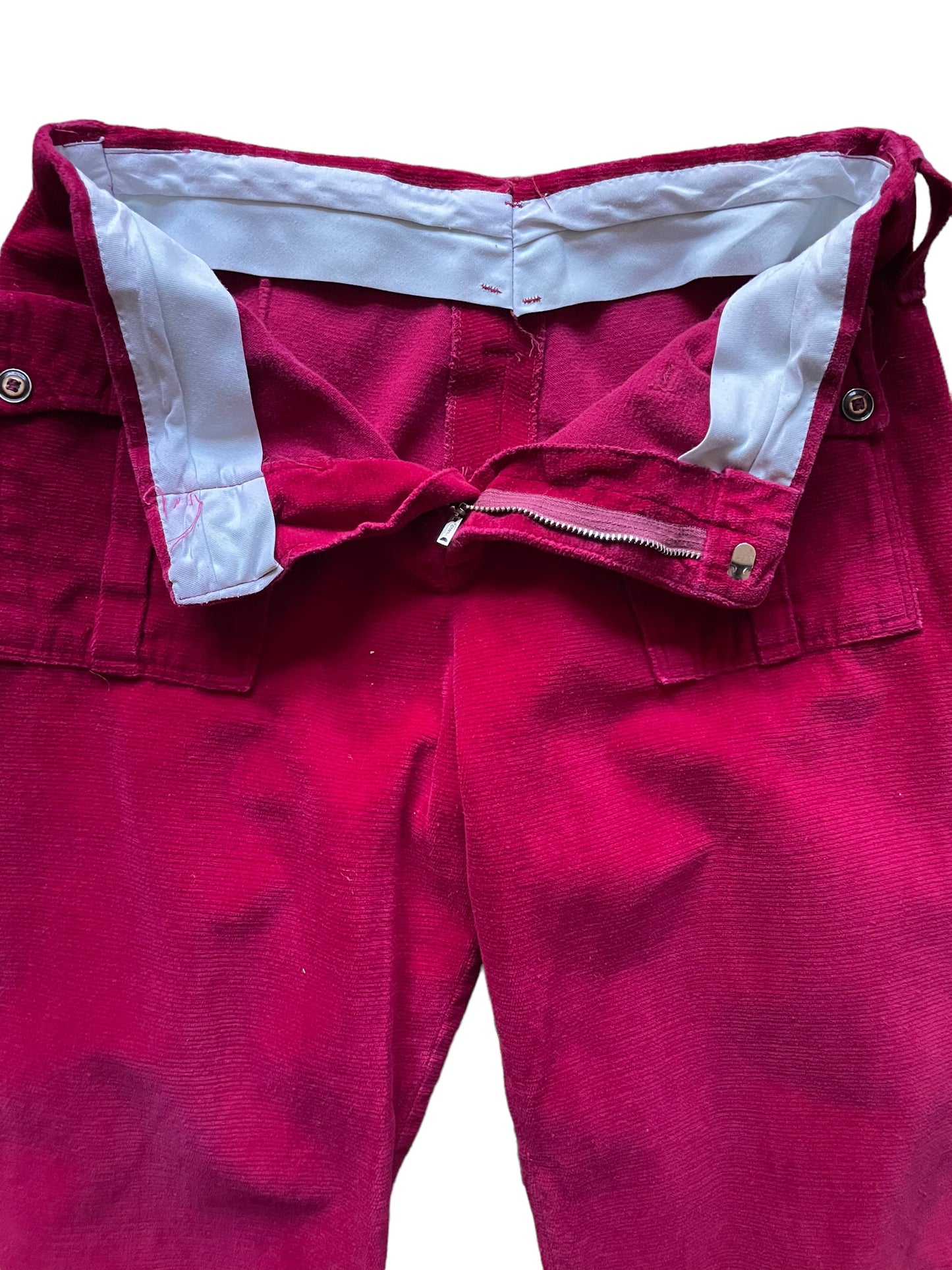 Front open zipper view of Vintage 1970s Red Velvet Bell Bottoms sz S | Barn Owl Vintage Seattle | Vintage 70s Pants