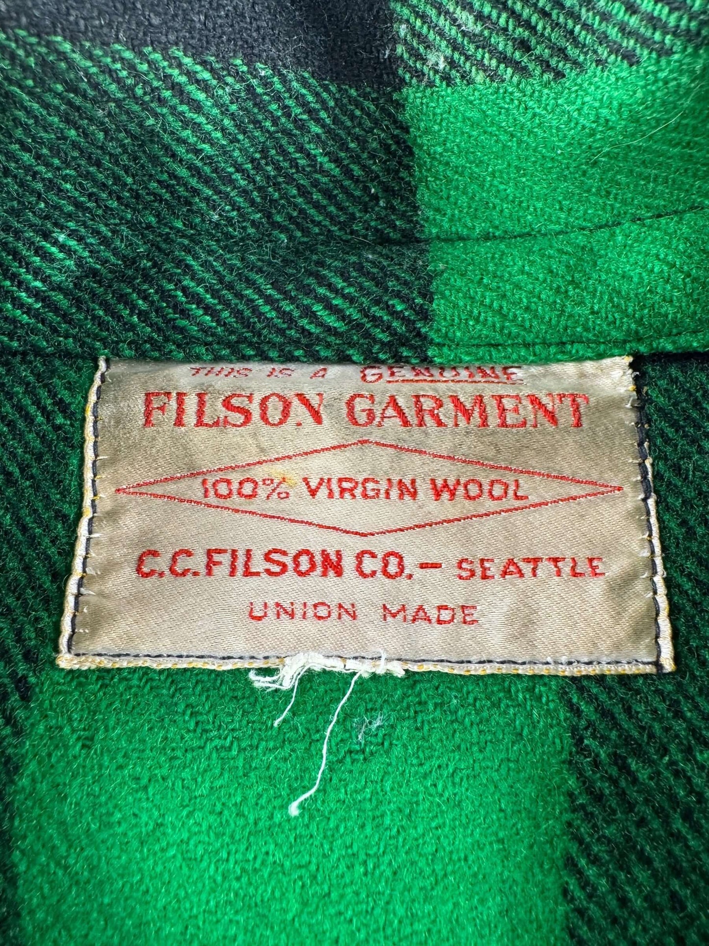 Label on Vintage Green and Black Filson Union Made Cruiser Jacket SZ XL