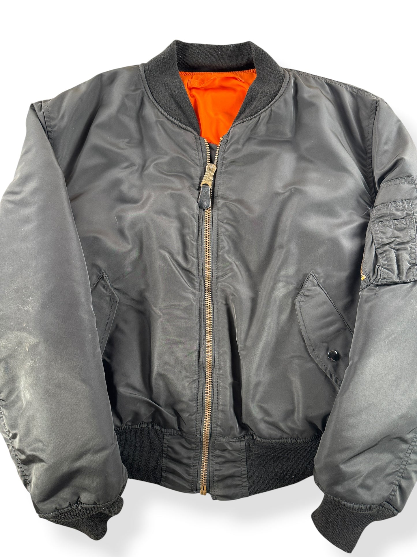 Front Close Up of Black Alpha Industries MA-1 Bomber Jacket SZ XL