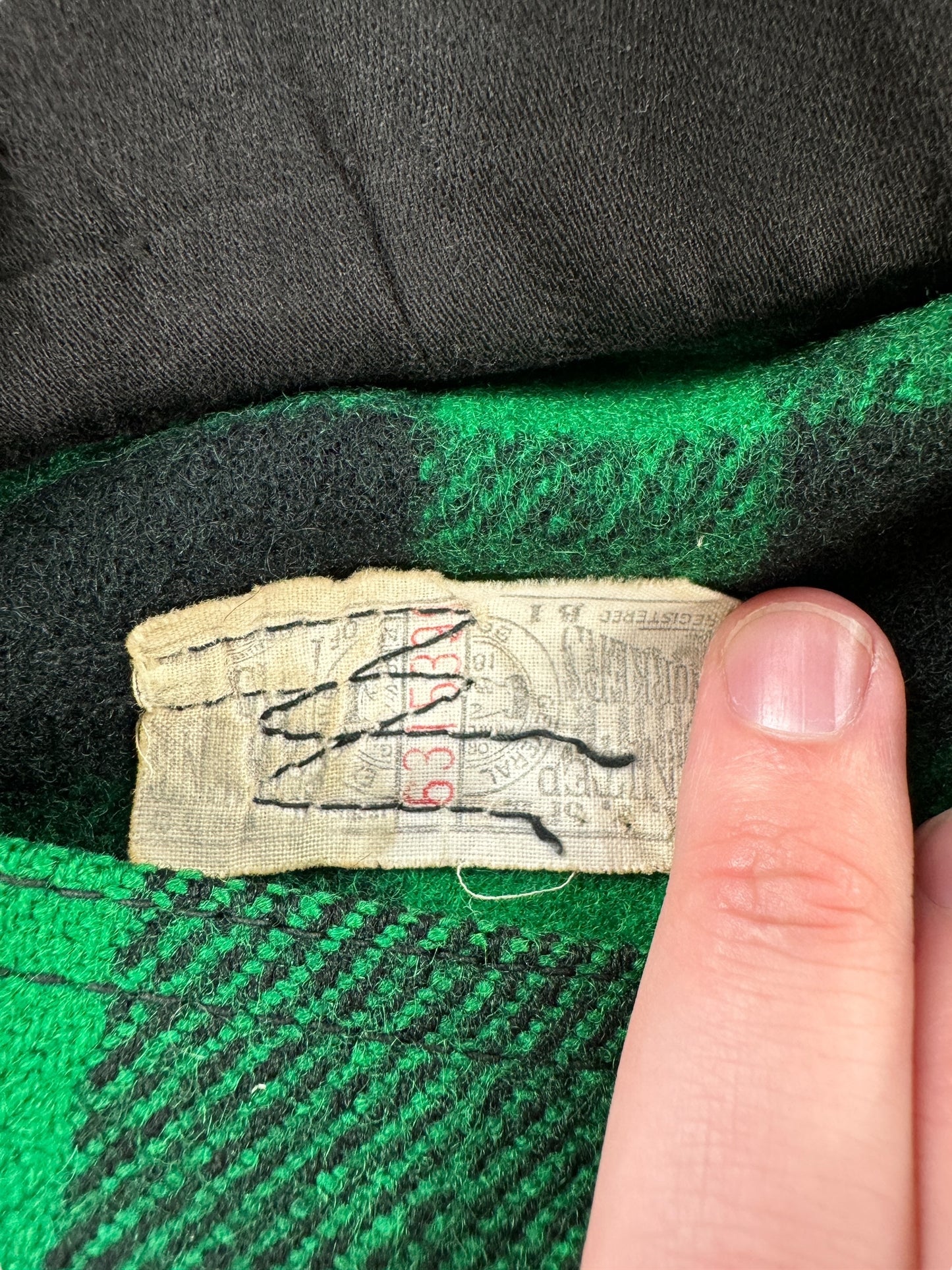 Union Tag on Vintage 60s Filson Green and Black Mackinaw Cruiser SZ L
