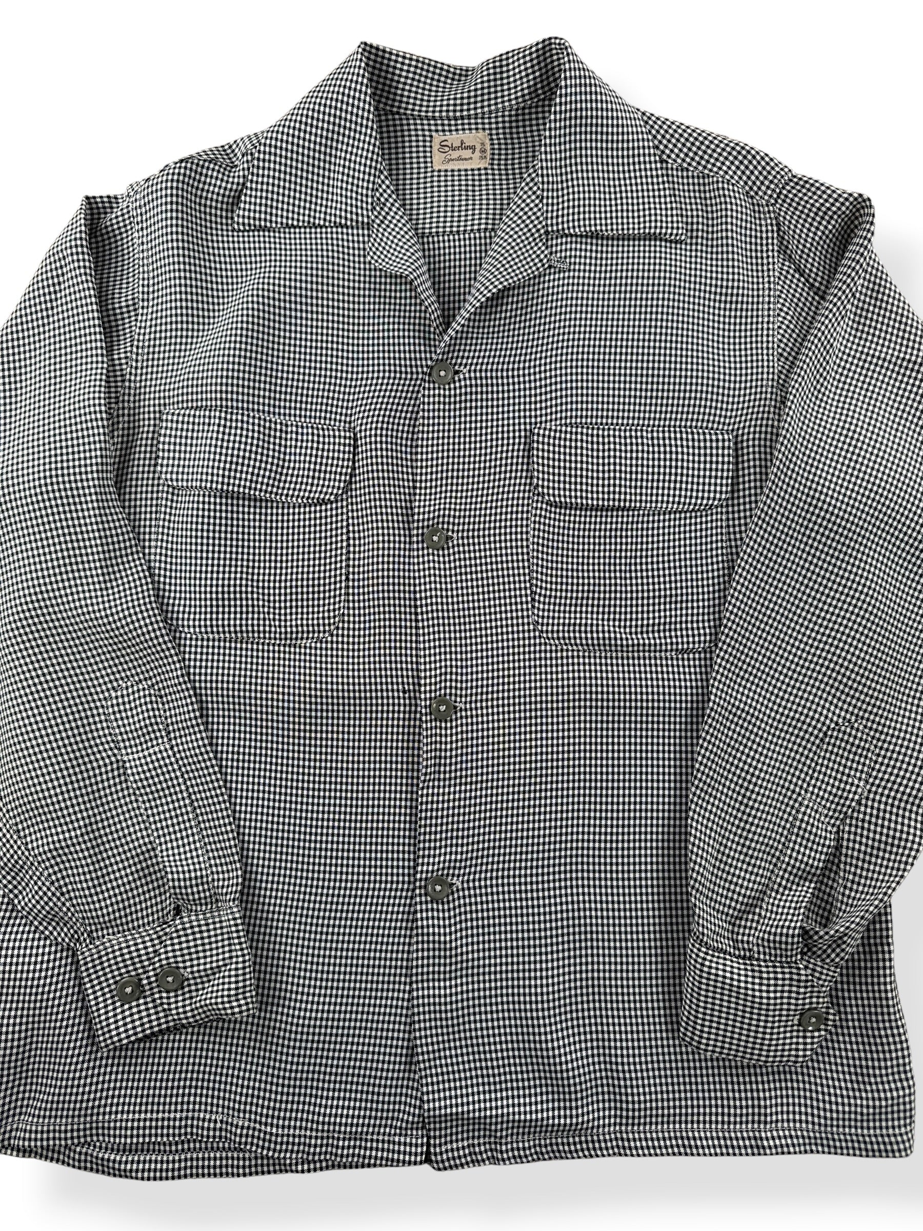 Close-up of Vintage 1950s Sterling Black and White Rayon Loop Collar Shirt SZ M