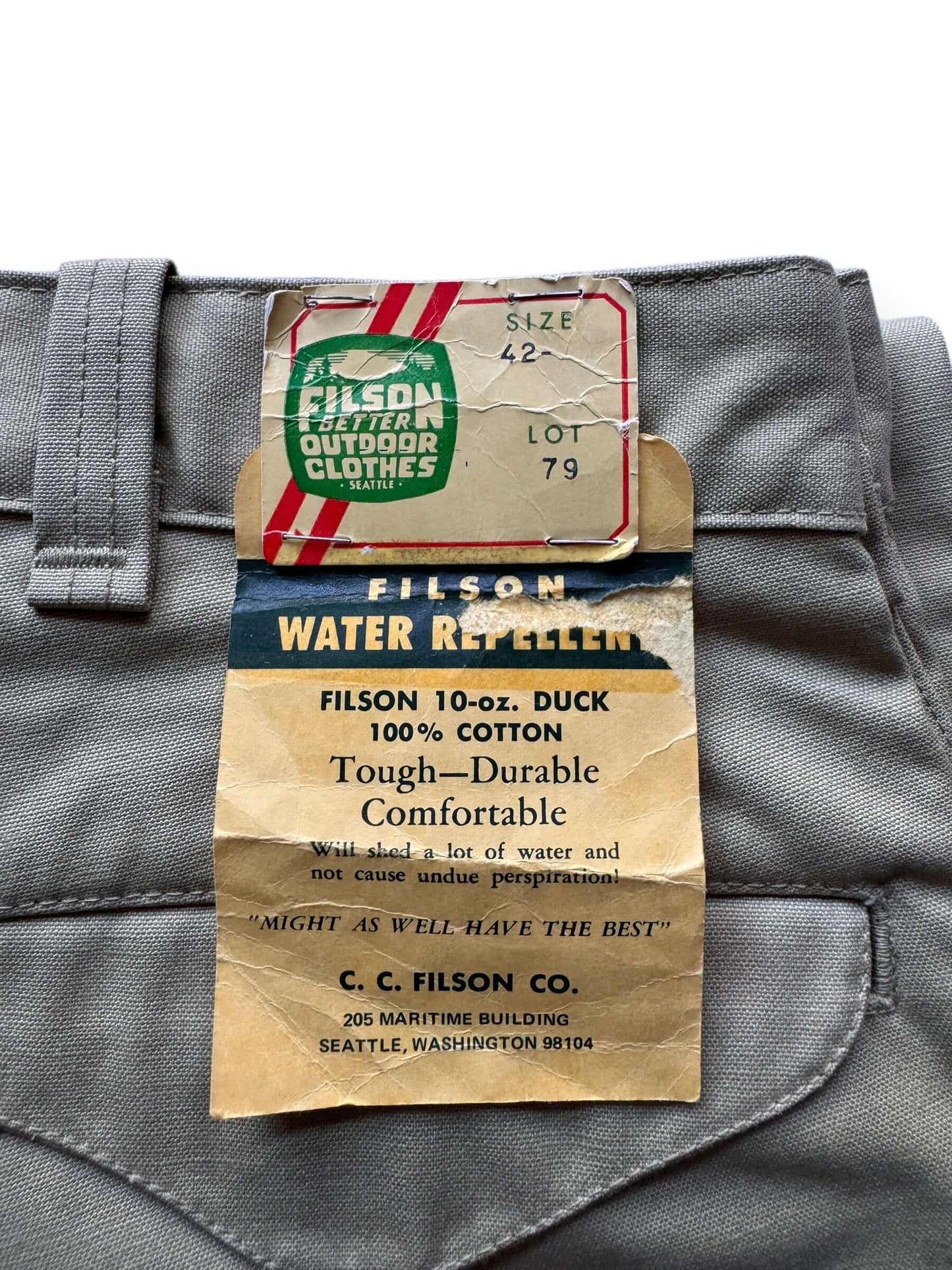 flasher tag on Vintage NOS 80s Era Filson 10 oz Duck Chinos W42