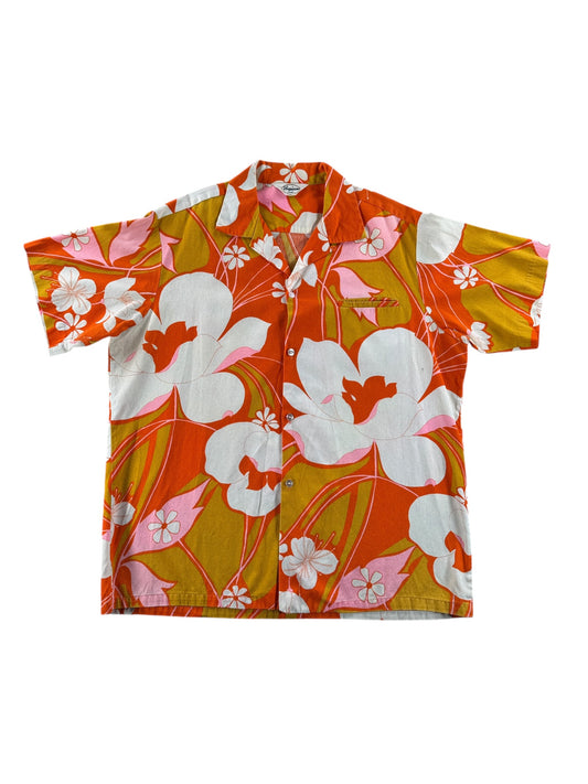Front of Vintage Tropicana Psychedelic Barkcloth Aloha Shirt SZ XL