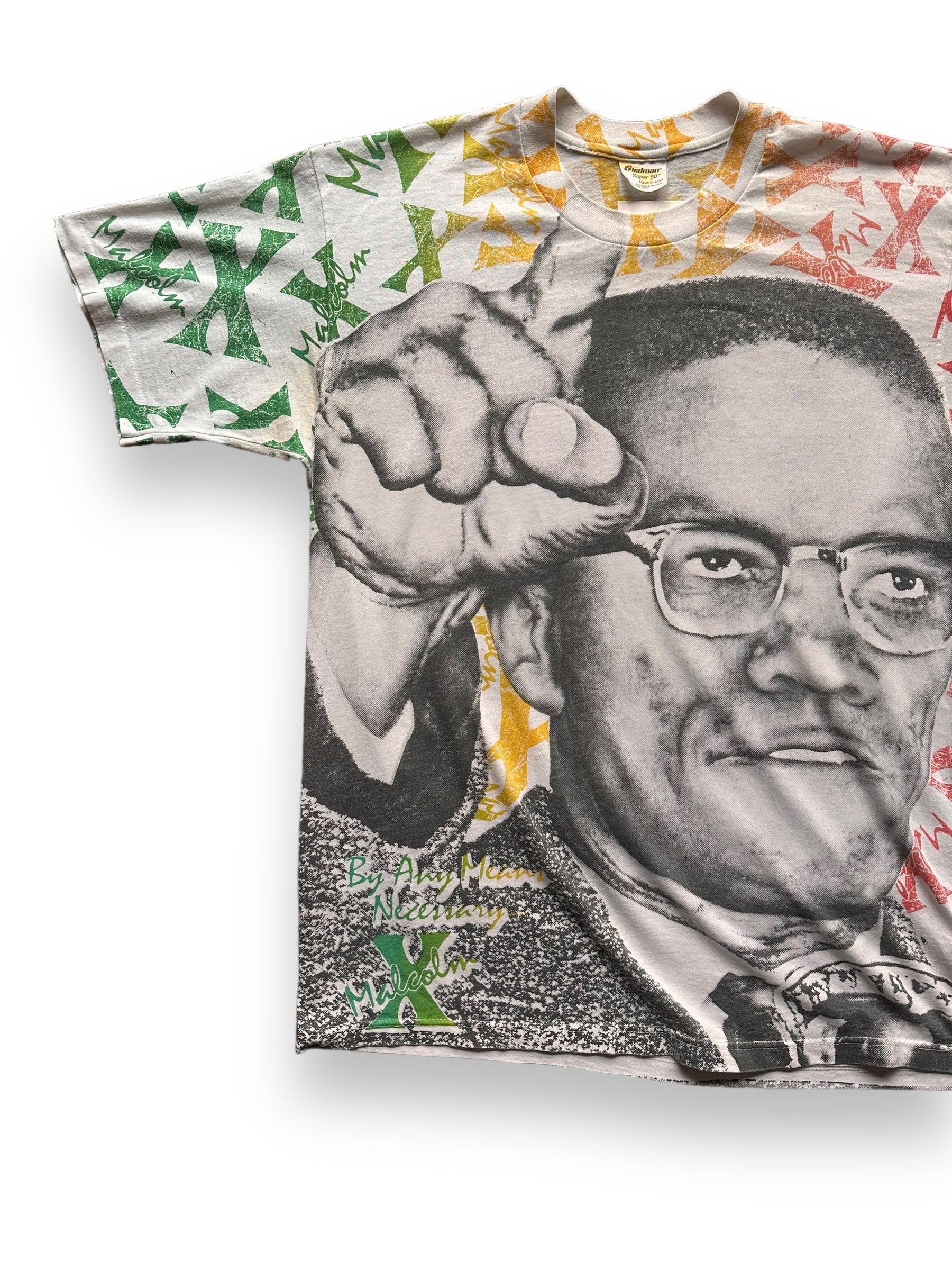 Front Right View of Vintage Malcolm X All Over Print Tee SZ L | Vintage Malcolm X T-Shirts Seattle | Barn Owl Vintage Clothing Seattle