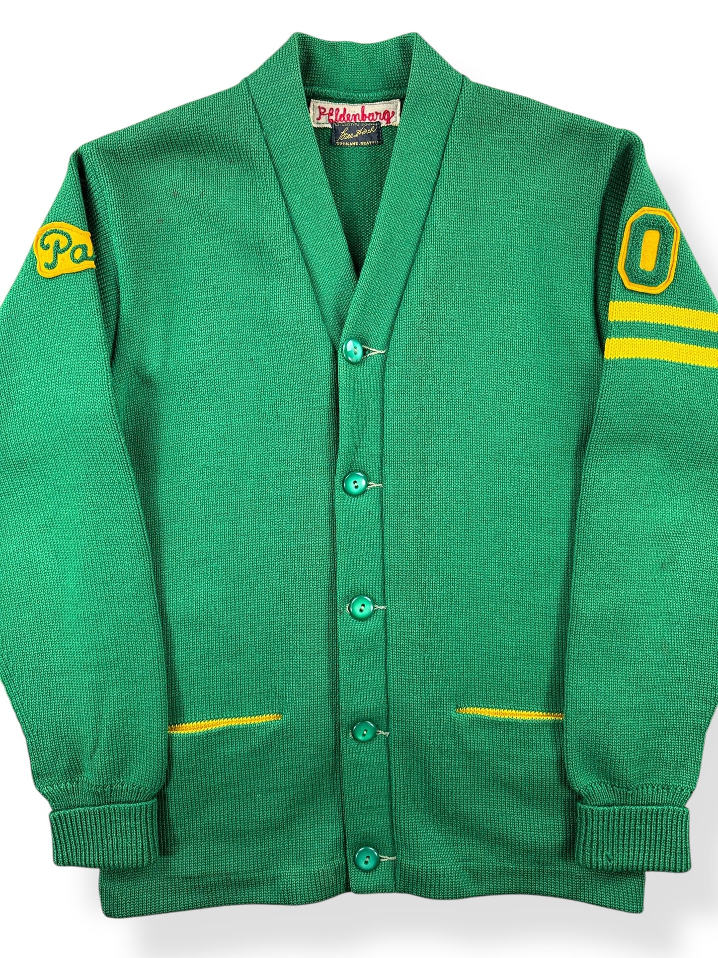 Front Close Up of Vintage 1960 Green & Yellow Varsity Cardigan SZ S
