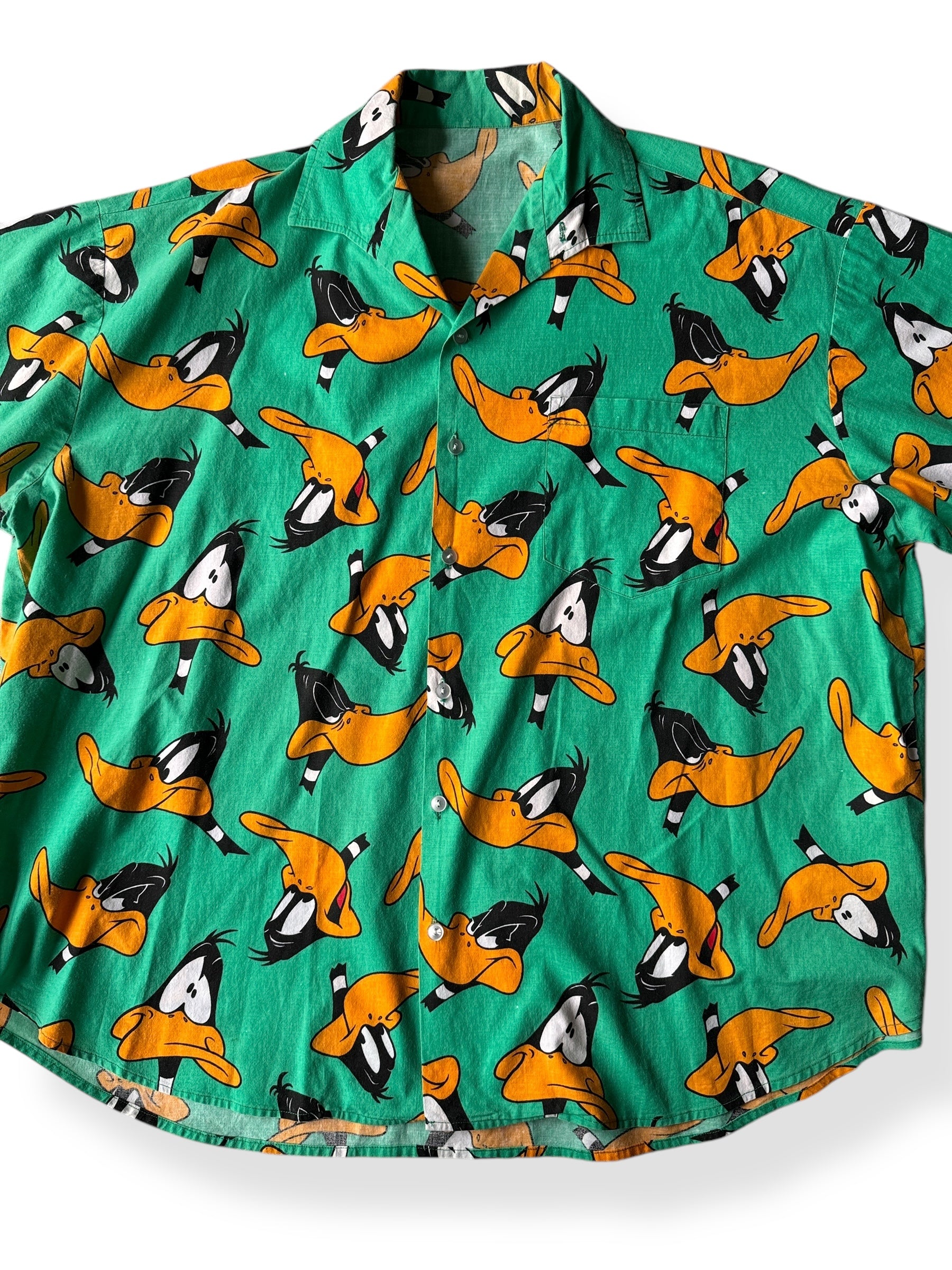 Front Close Up of Vintage Green Daffy Duck Button Up SZ XXL
