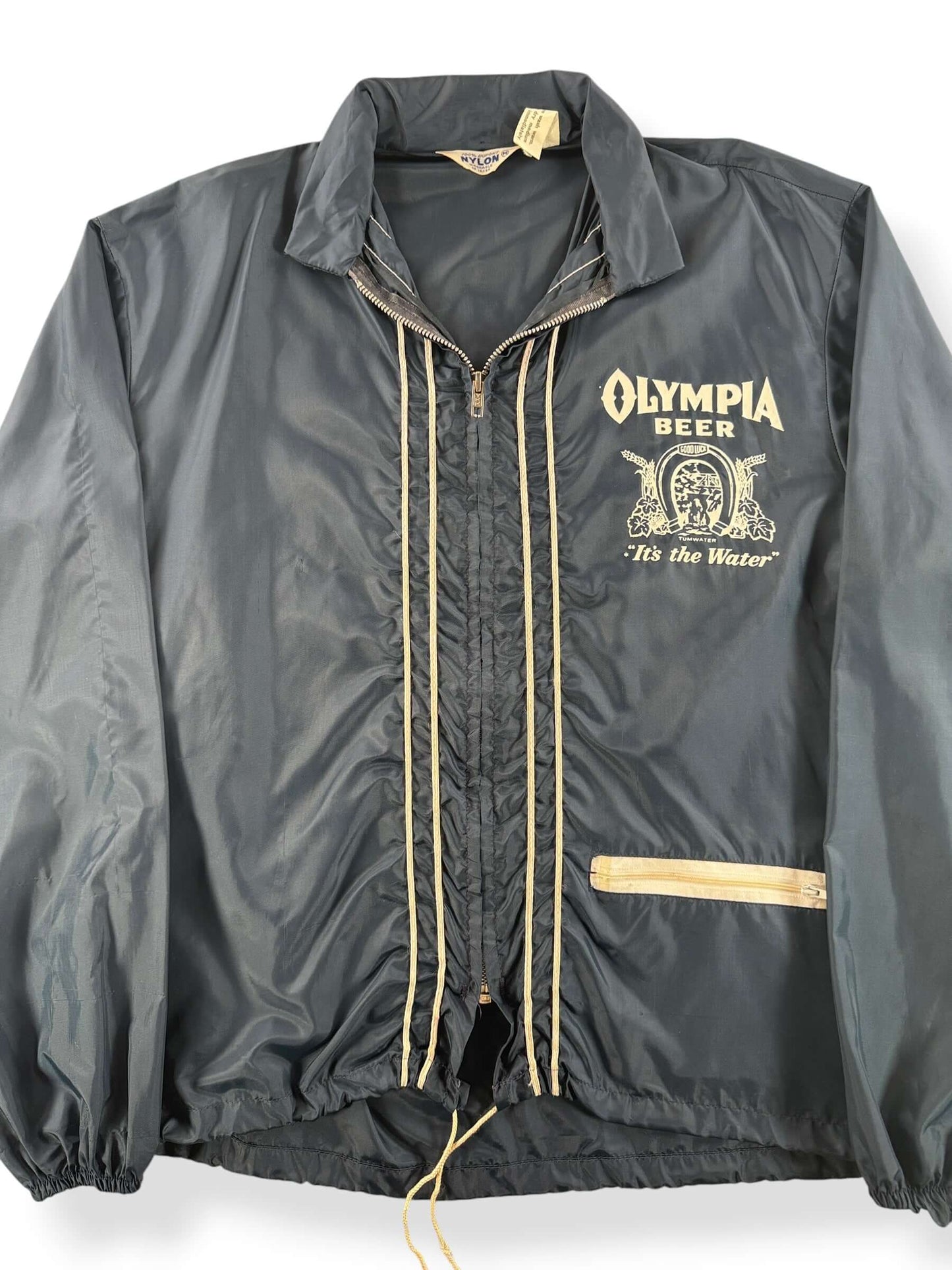 Front Close Up of Vintage Olympia Beer Windbreaker SZ M