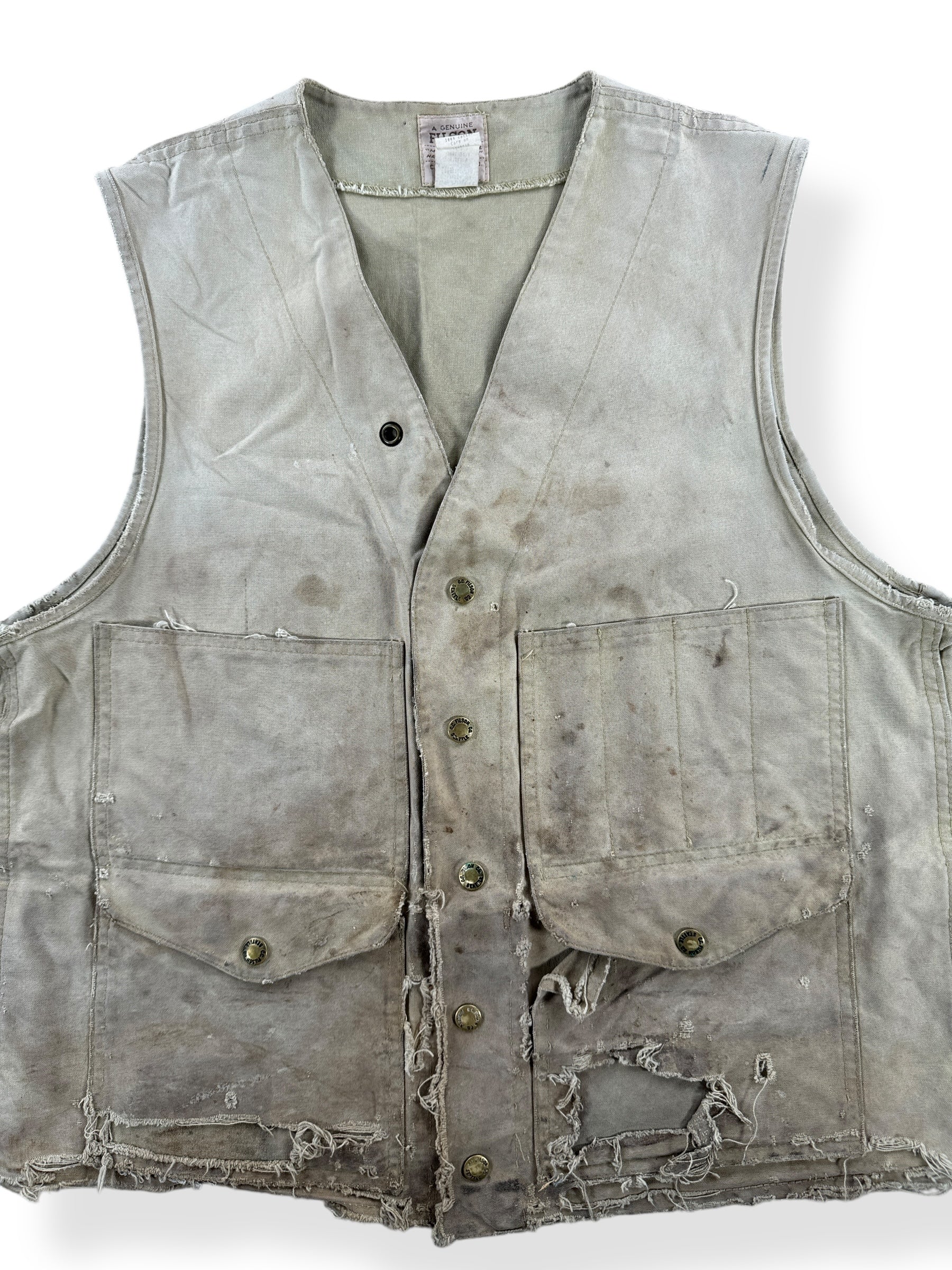 Front Close Up of Vintage Thrashed Filson Style 8 Hunting Vest SZ 42