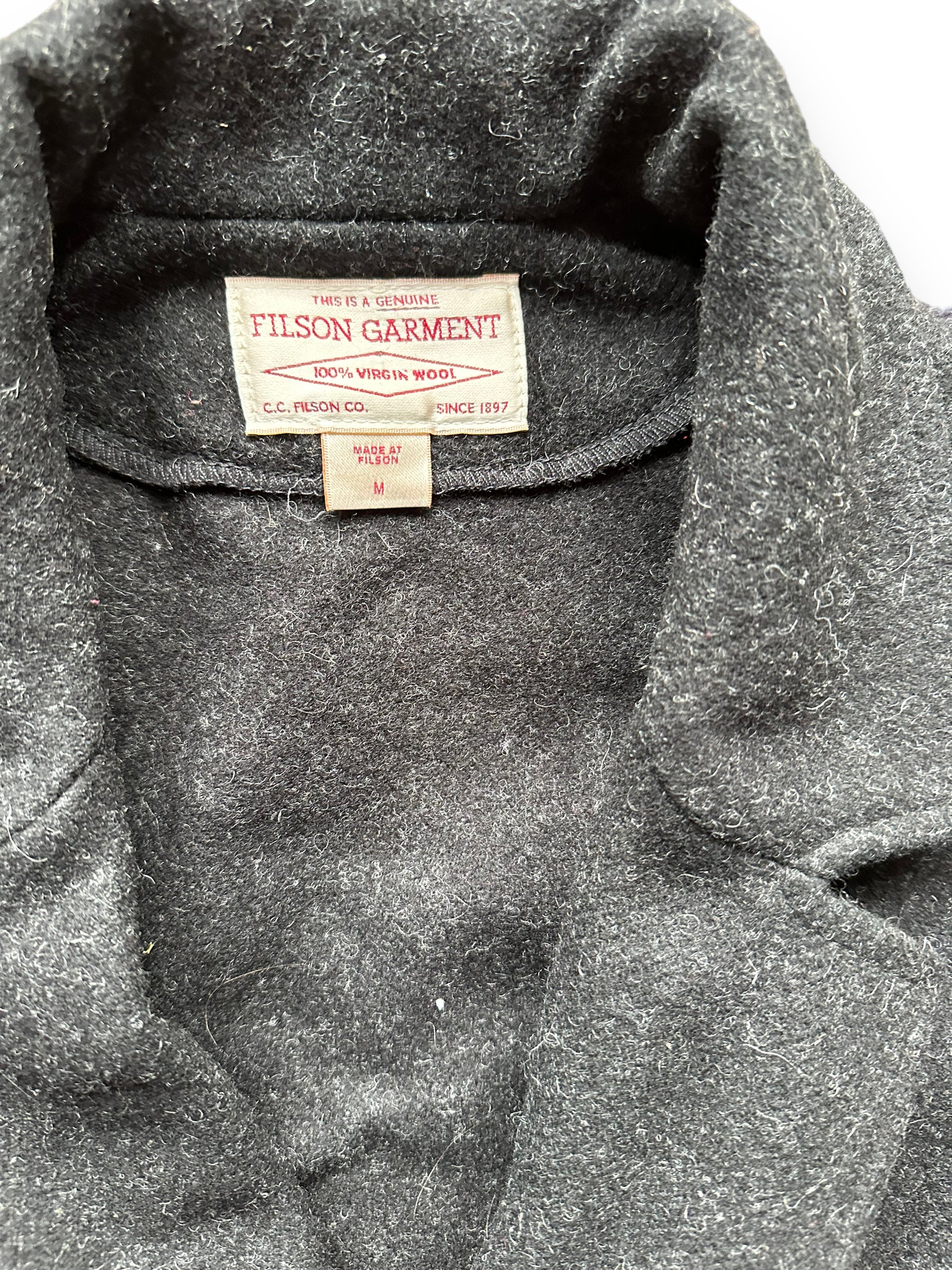 Tag View of Filson Western Style Charcoal Mackinaw Vest SZ M |  Barn Owl Vintage Goods | Vintage Filson Workwear Seattle