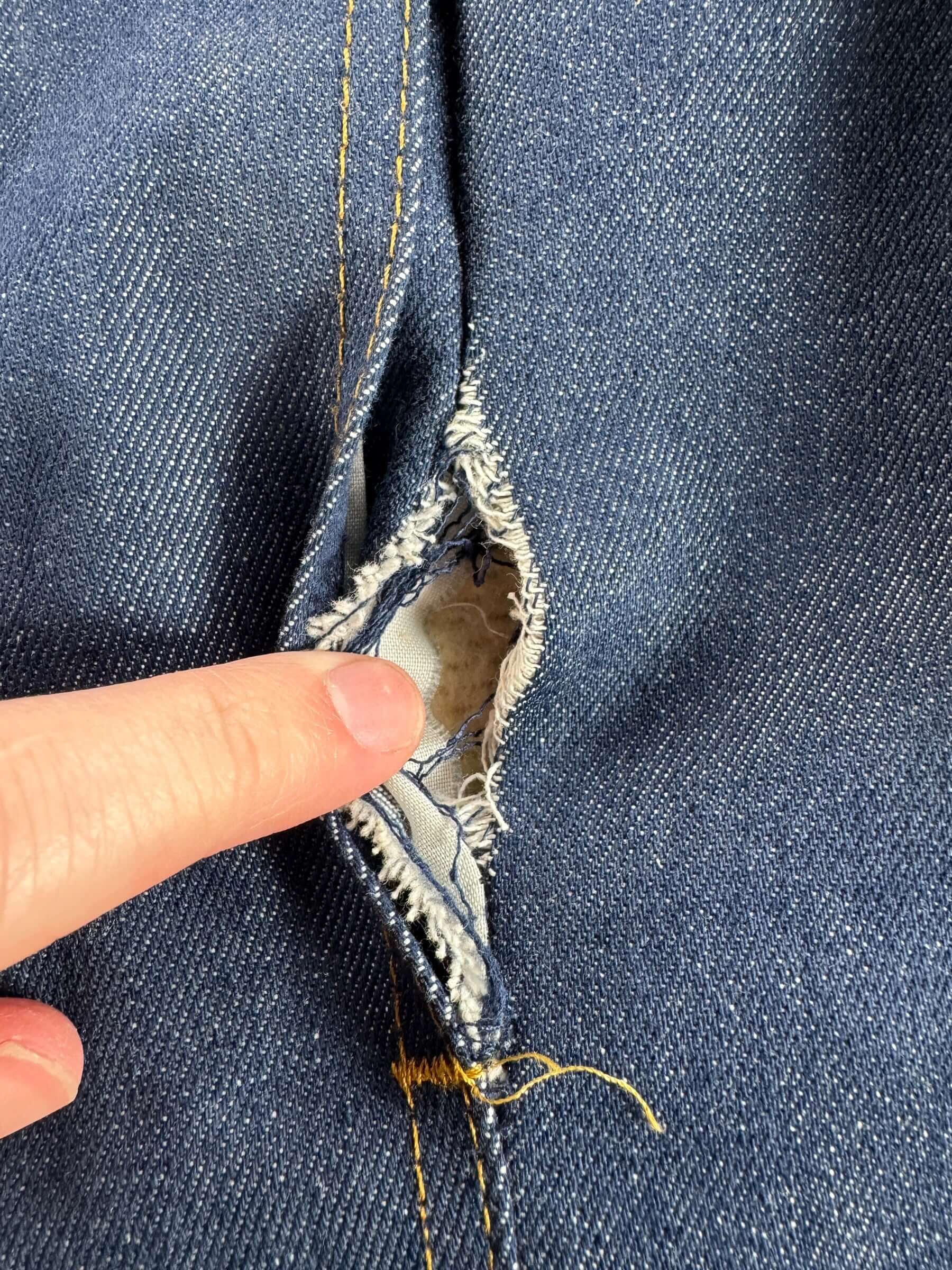 Tear on Vintage Roebucks Raw Denim Shearling Jacket SZ 46