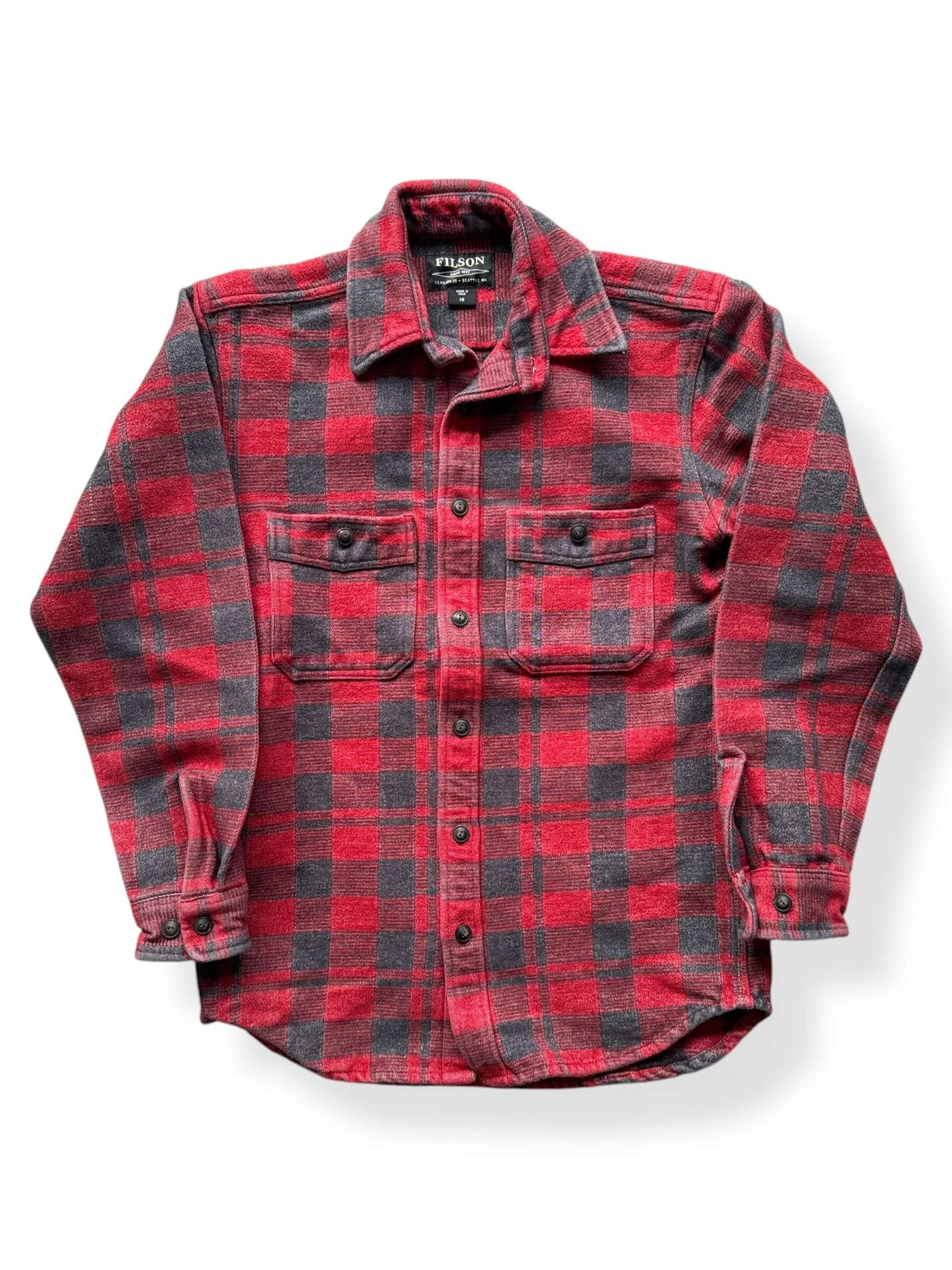 Front of Filson Beartooth Cotton Shirt Charcoal Red SZ XS