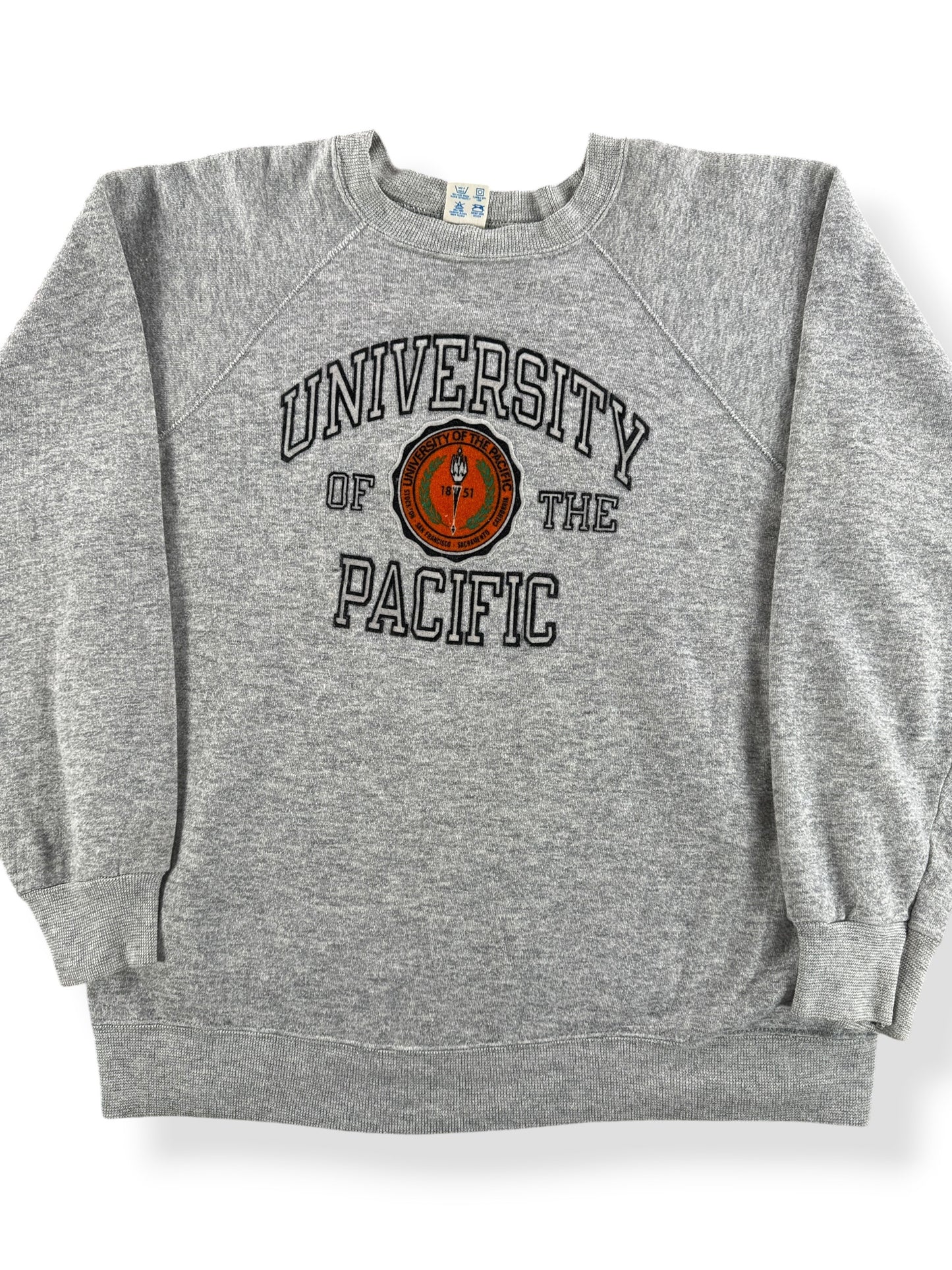 Front Close Up of Vintage Champion University of the Pacific Puff Paint Crewneck SZ XL (Fits M)