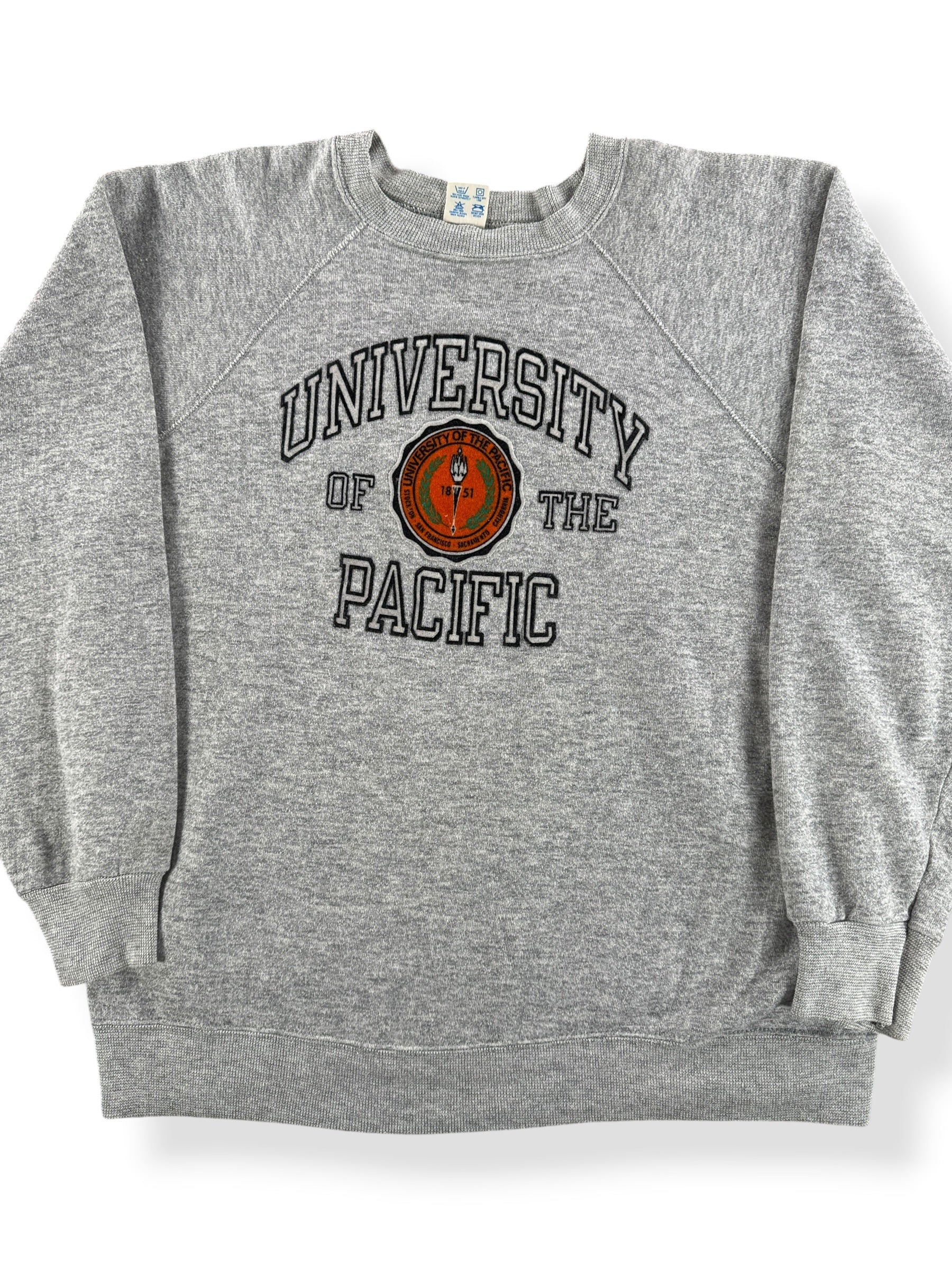 Front Close Up of Vintage Champion University of the Pacific Puff Paint Crewneck SZ XL (Fits M)