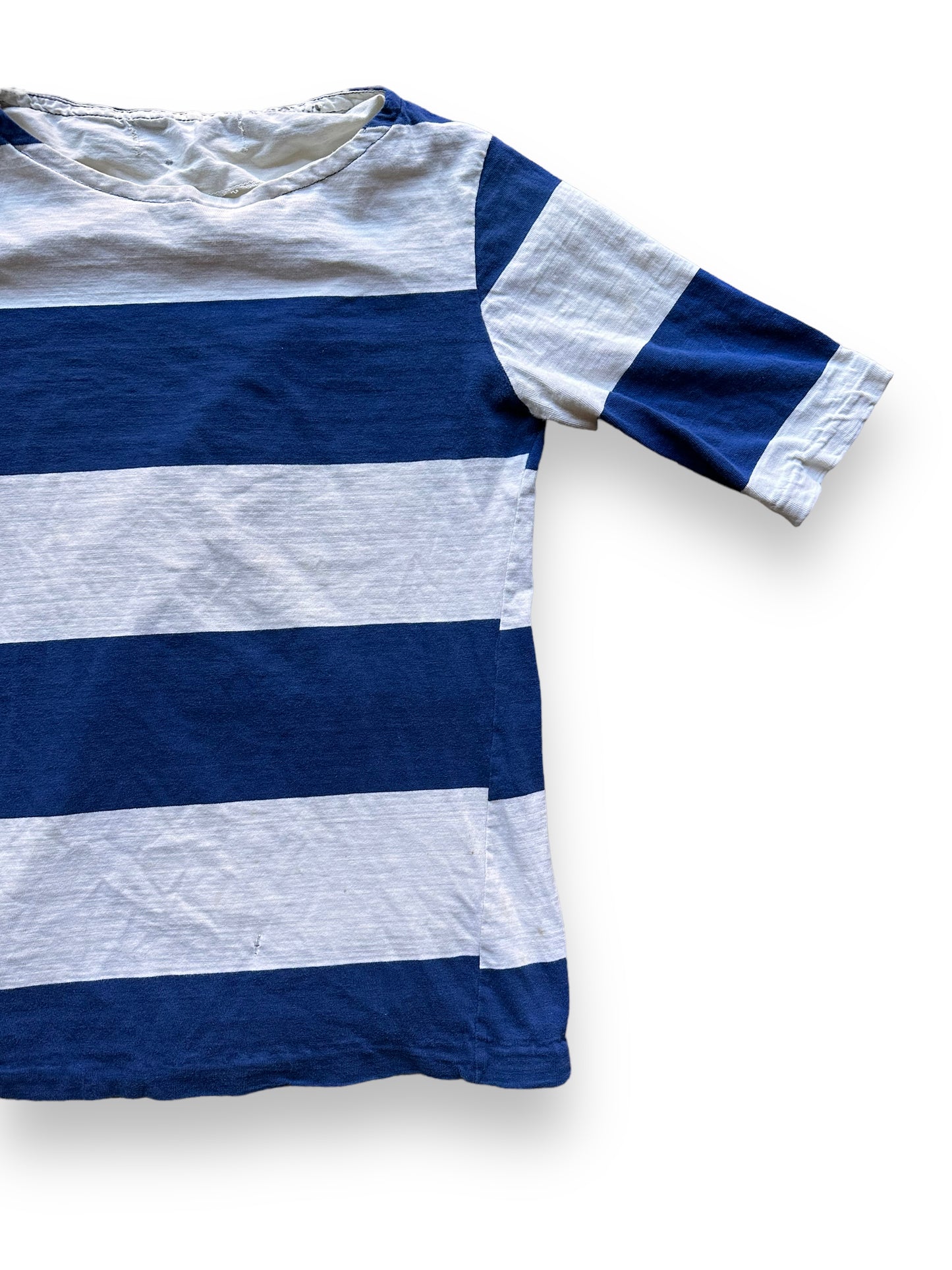 Front Left View of Vintage Blue Striped Surfer Shirt SZ M | Vintage Striped Shirt Seattle | Barn Owl Vintage Seattle