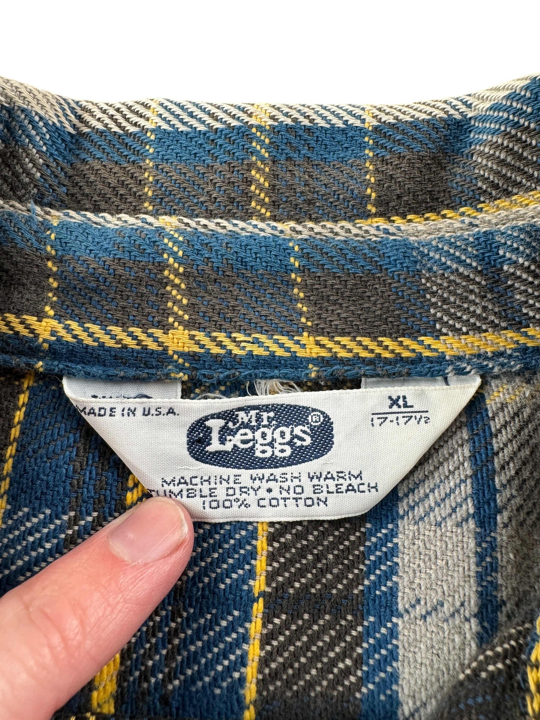Label on Vintage Mr Leggs Blue Yellow Cotton Flannel SZ XL