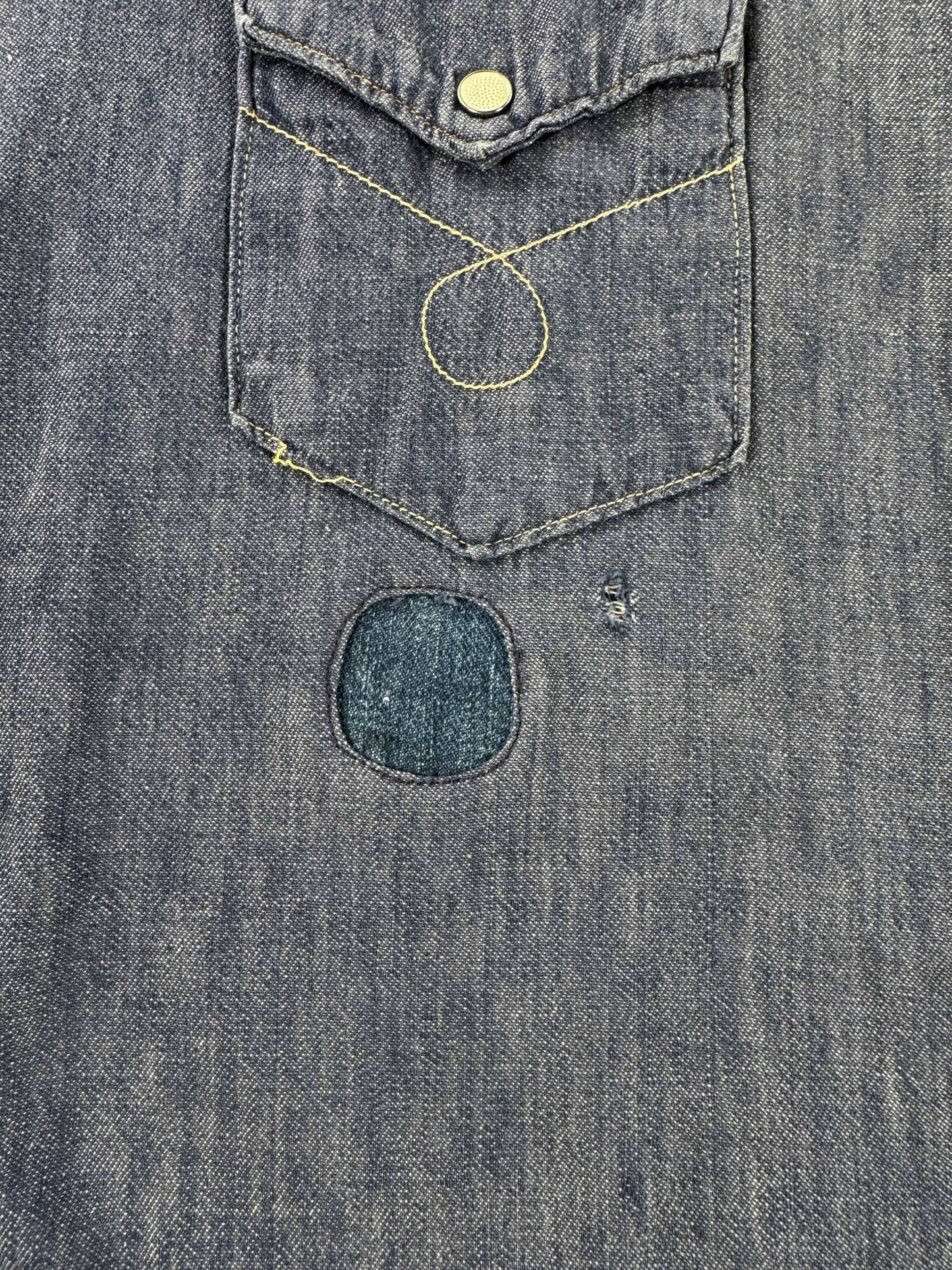Repair on Vintage 1950s Penny's Foremost Denim Western Shirt SZ XL