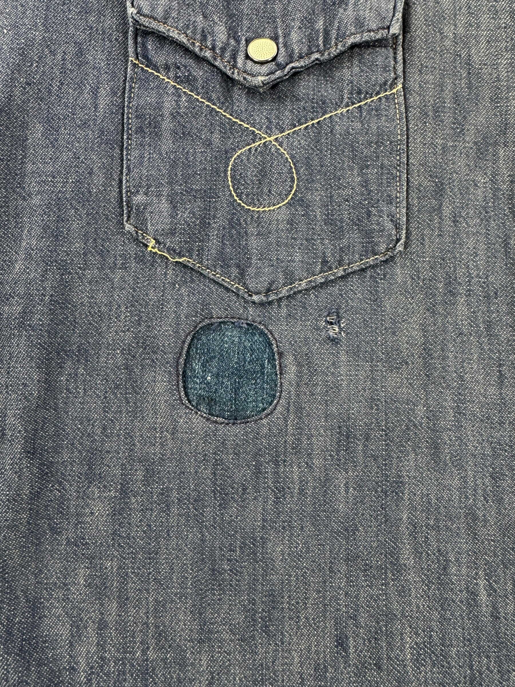 Repair on Vintage 1950s Penny's Foremost Denim Western Shirt SZ XL