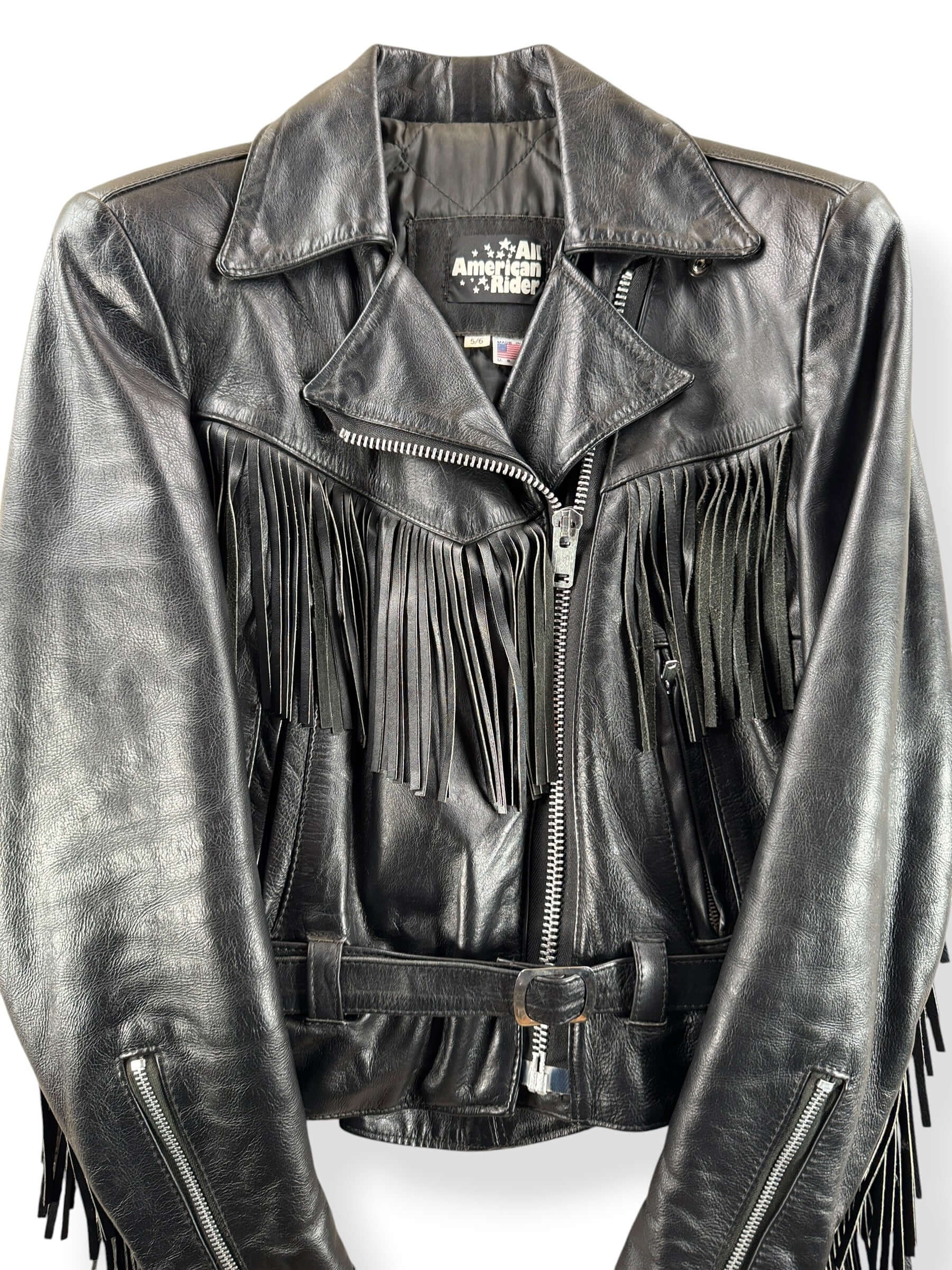 Front Close Up of Vintage Ladies Fringe Leather Riders Jacket SZ 5/6