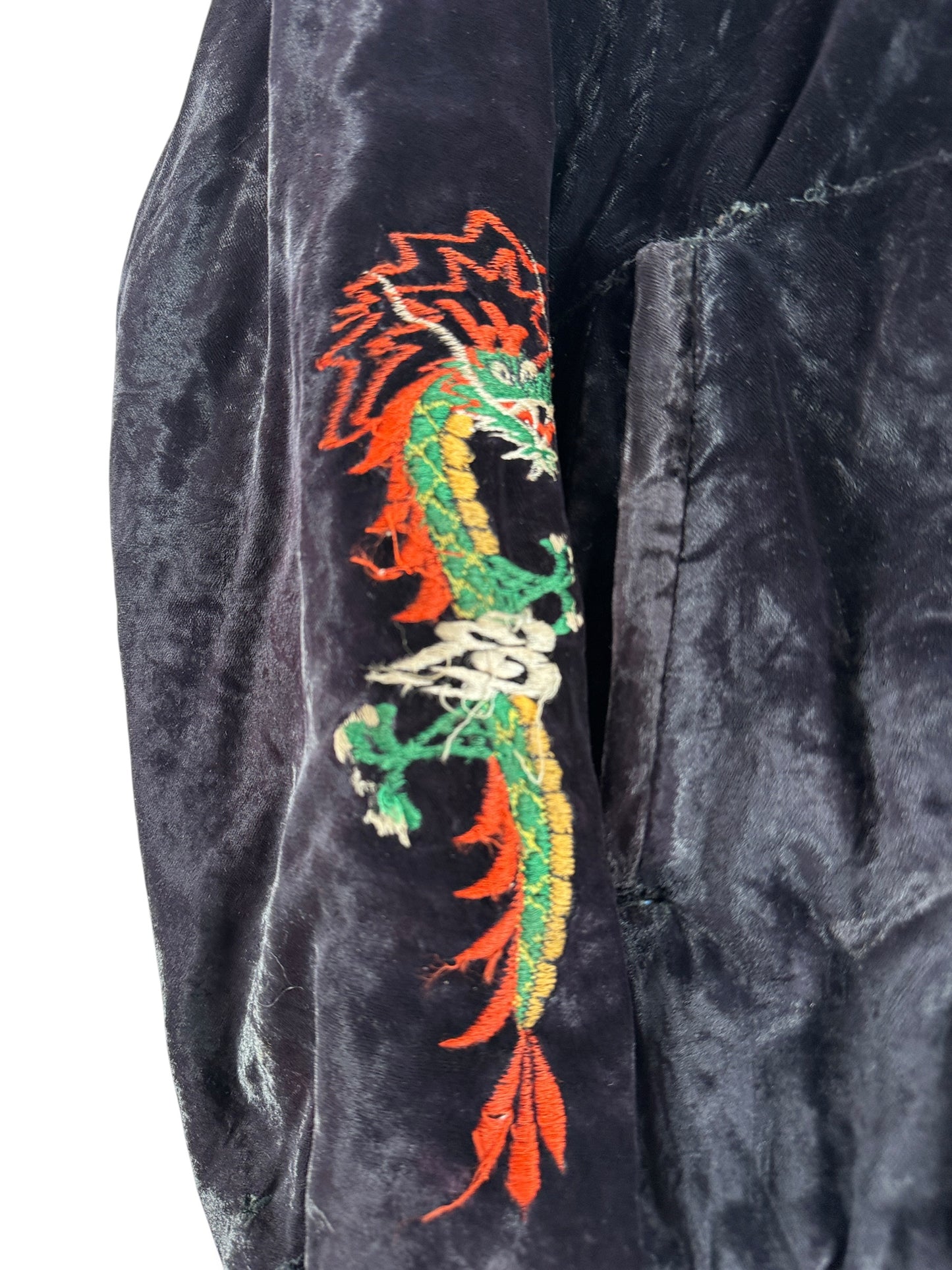 Sleeve Embroidery on Vintage Velvet Korea Hooded Souvenir Jacket SZ M - AS IS