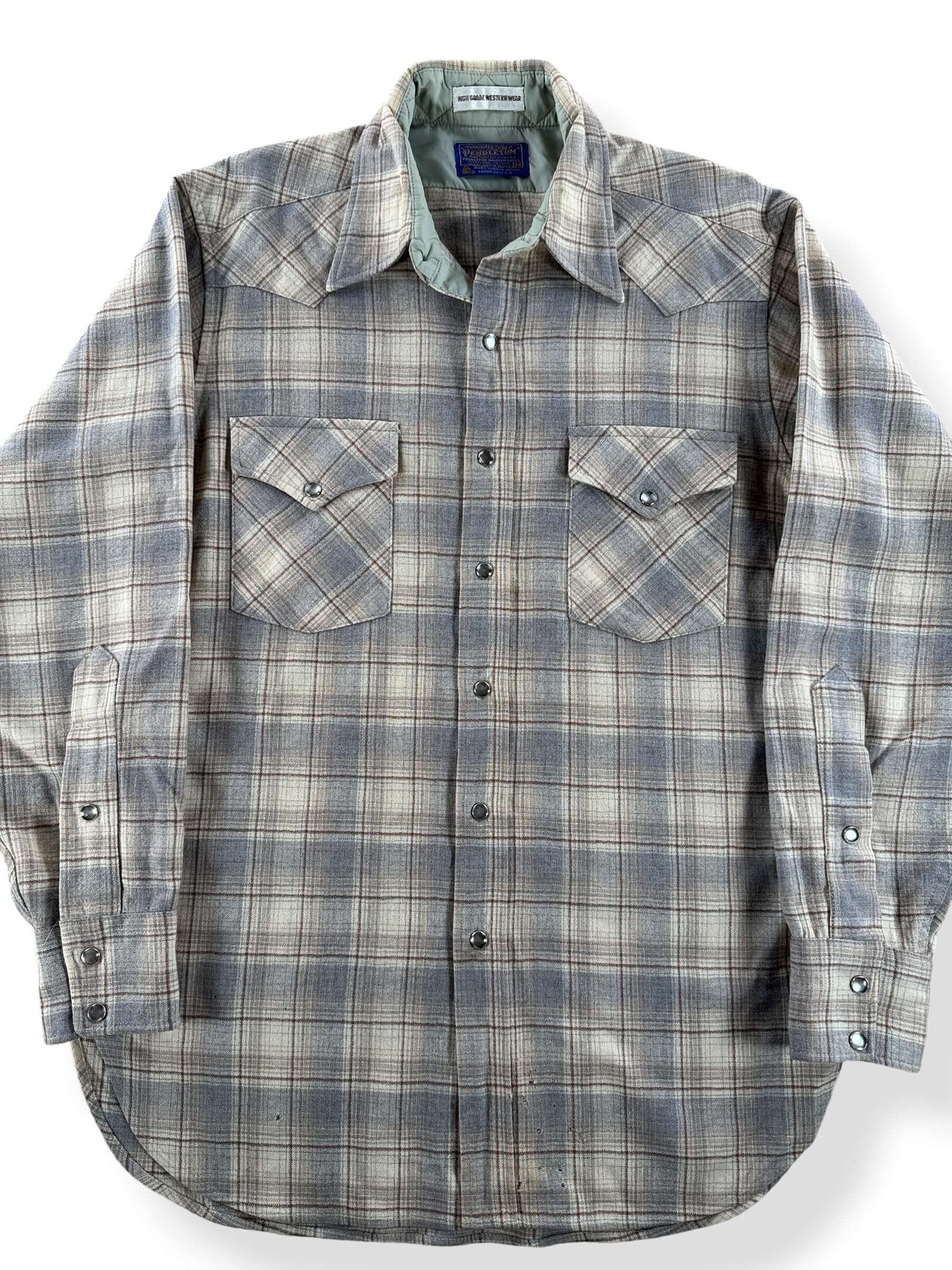 Front Close Up of Vintage Pendleton Westernwear Pearl Snap Flannel SZ M