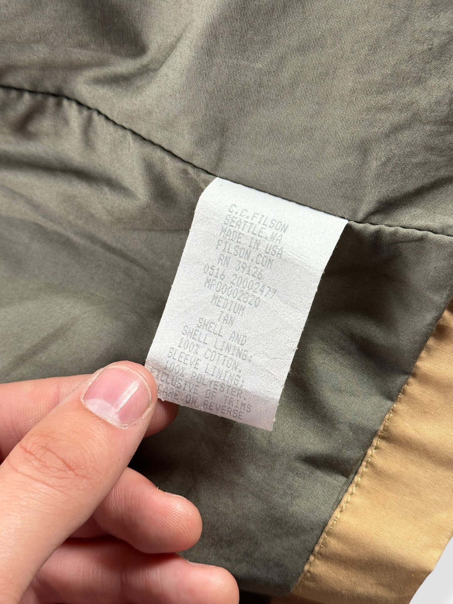 Inner tag on Filson Khaki Mile Marker Jacket SZ L