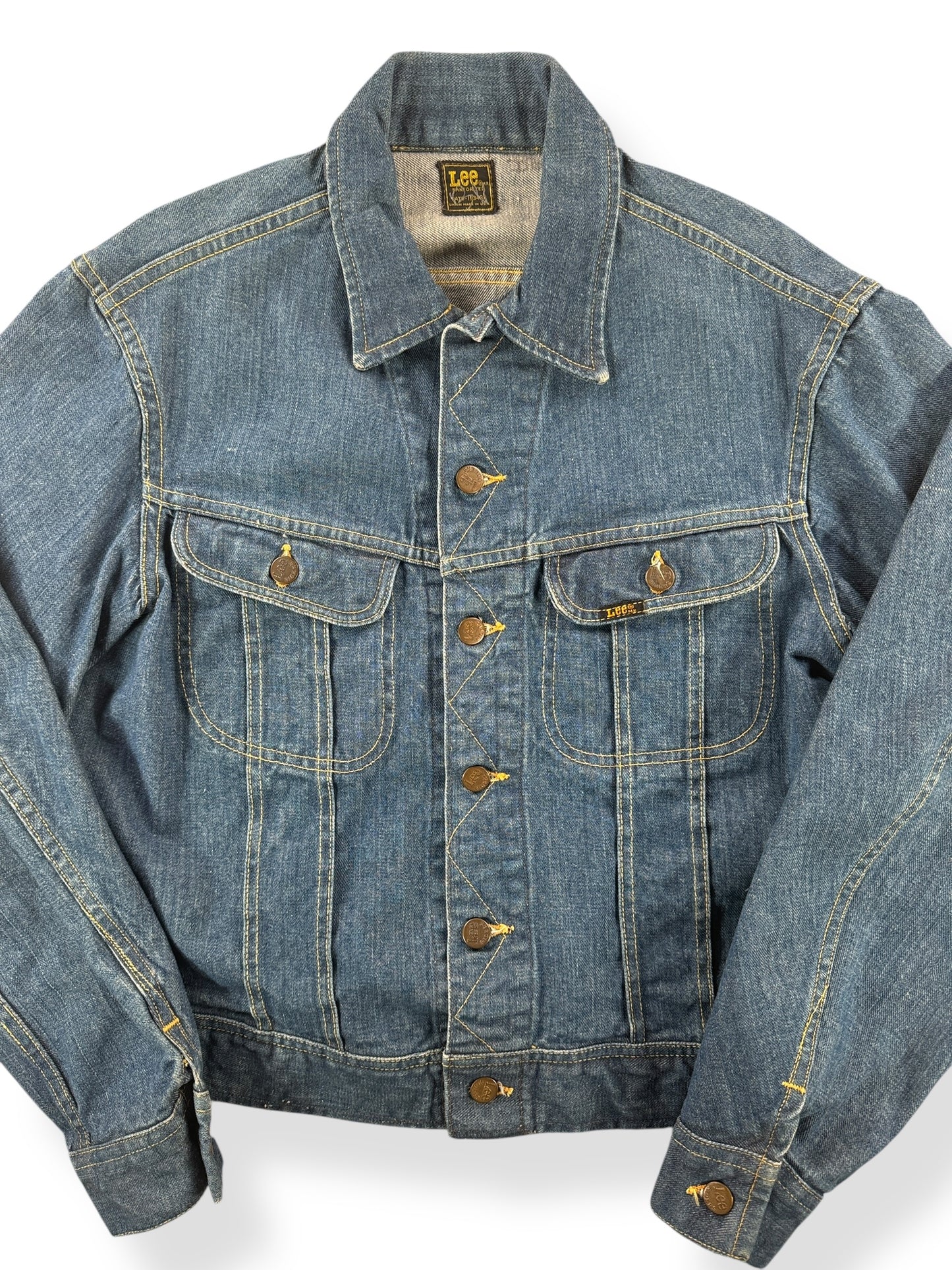 Front Close Up of Vintage Sanforized Lee Denim Jacket SZ M