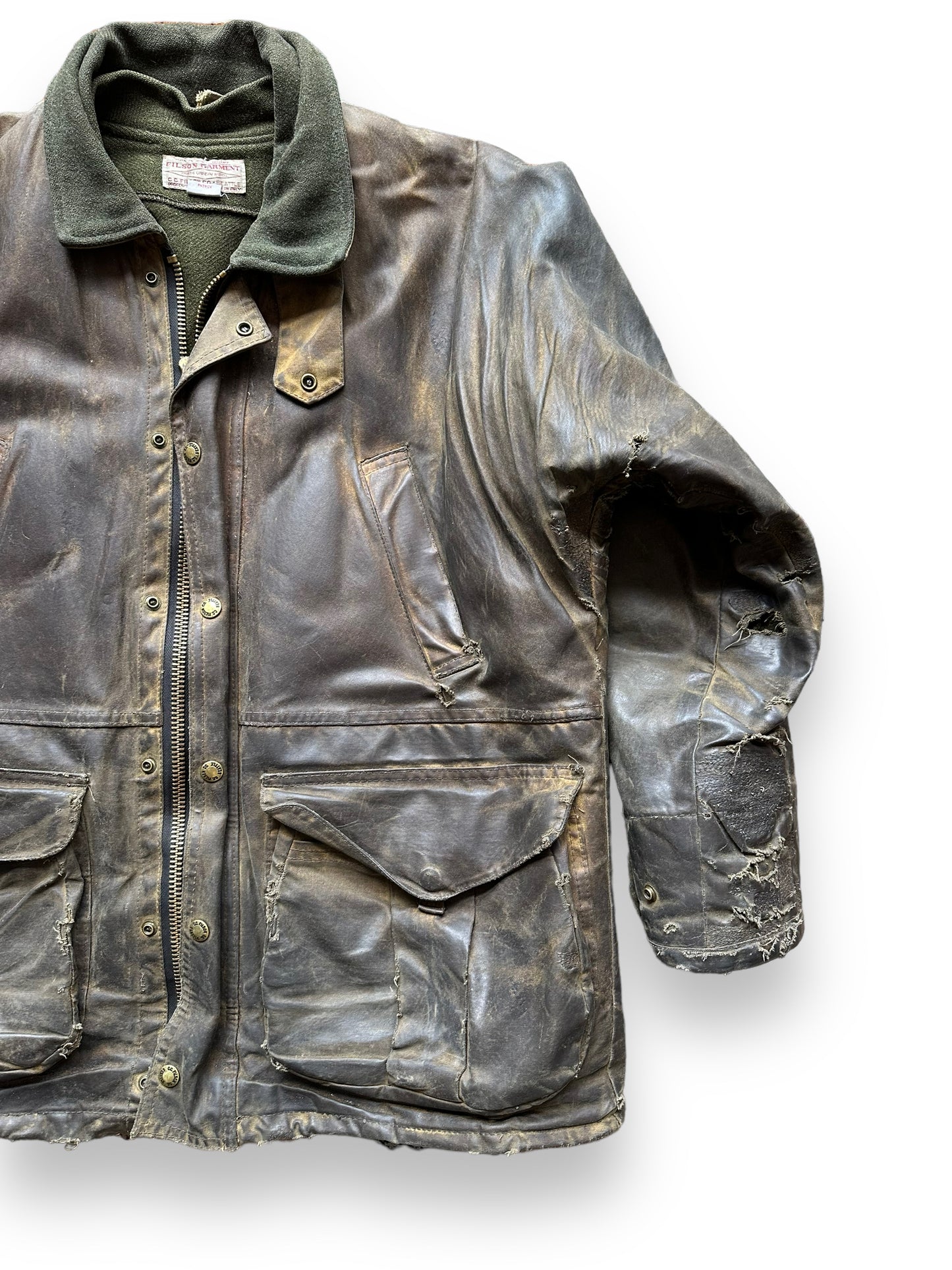 Front Left Detail on Filson Nasty Boy Tin Cloth Field Jacket SZ 42 |  Filson Tin Cloth Jacket | Vintage Workwear Seattle