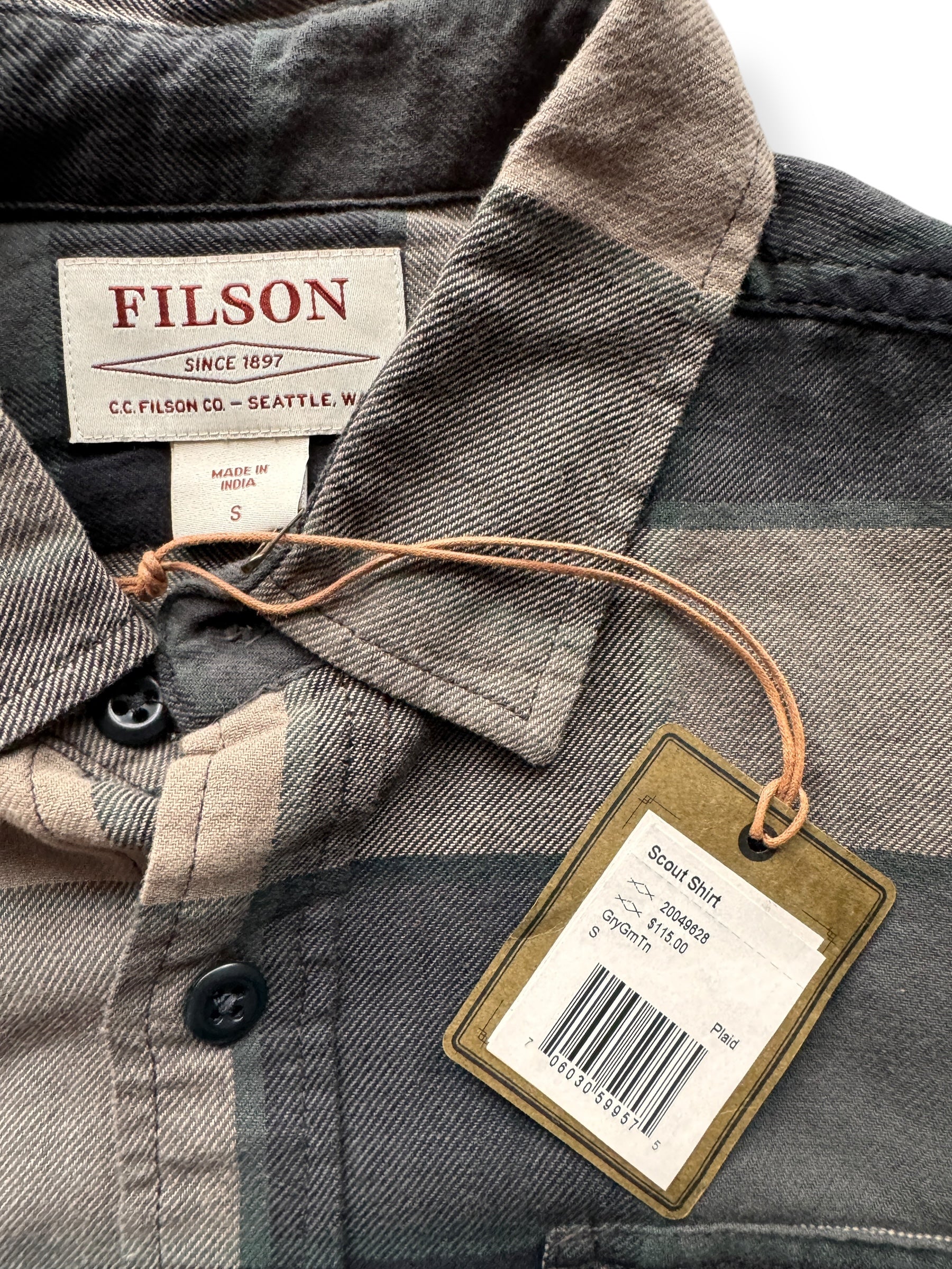 Paper Tag on NOS Filson Grey Green Tan Scout Shirt SZ S