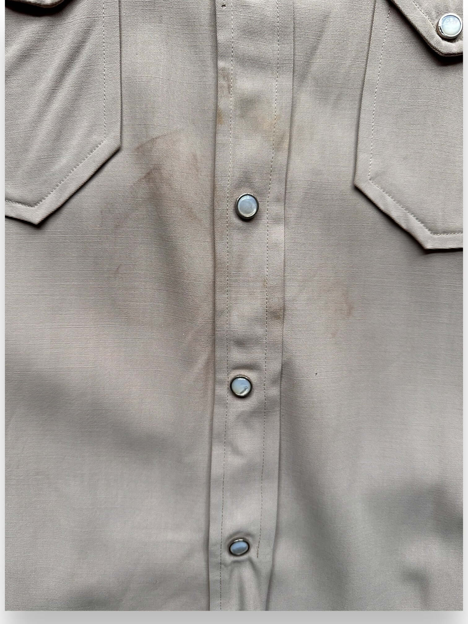 Staining on Front of Vintage Tex-Style Gabardine Western Pearl Snap Shirt SZ 15 | Vintage Gabardine Shirt Seattle | Barn Owl Vintage Seattle