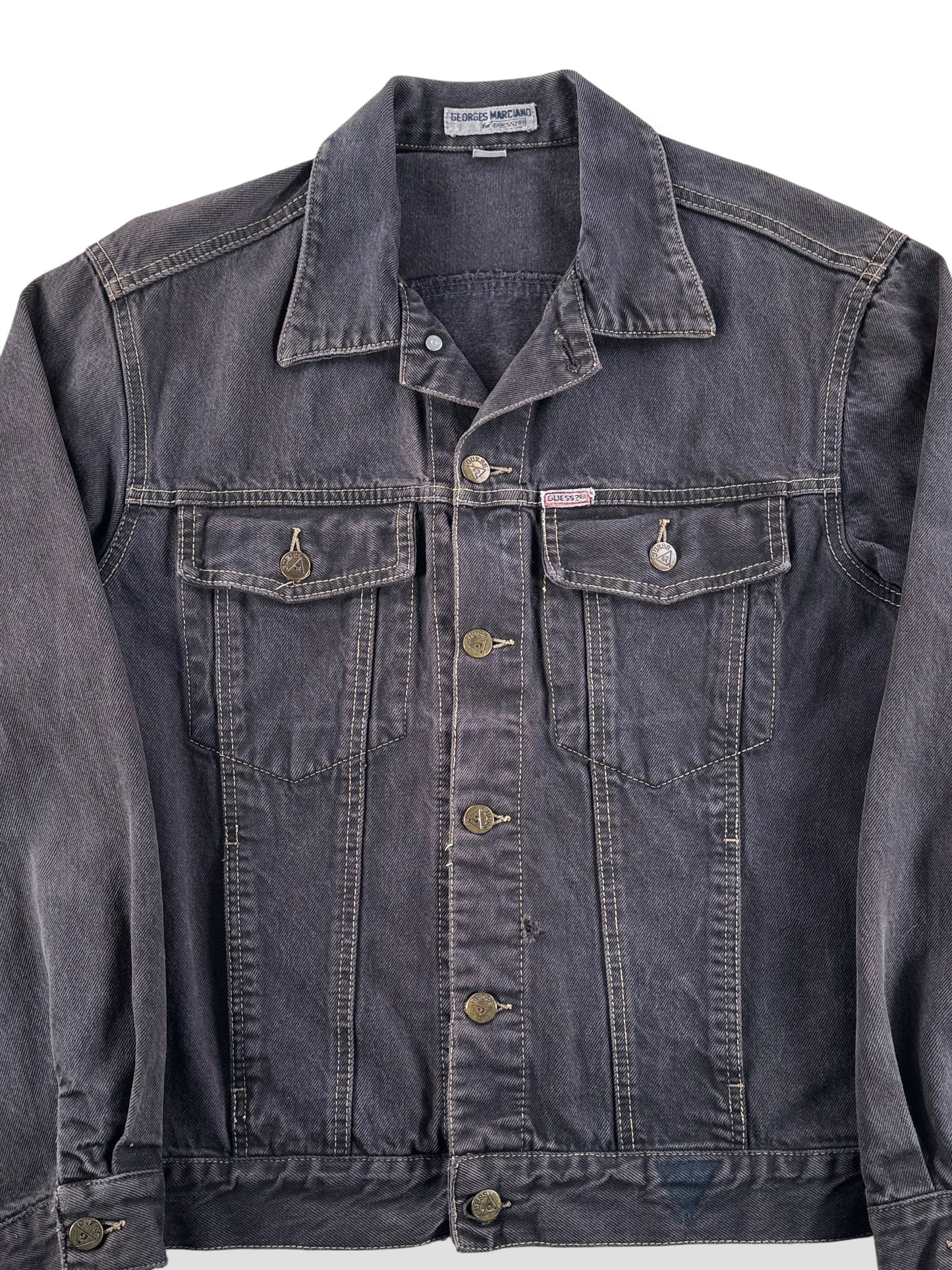Front Close Up of Vintage Guess Black Denim Jacket SZ M