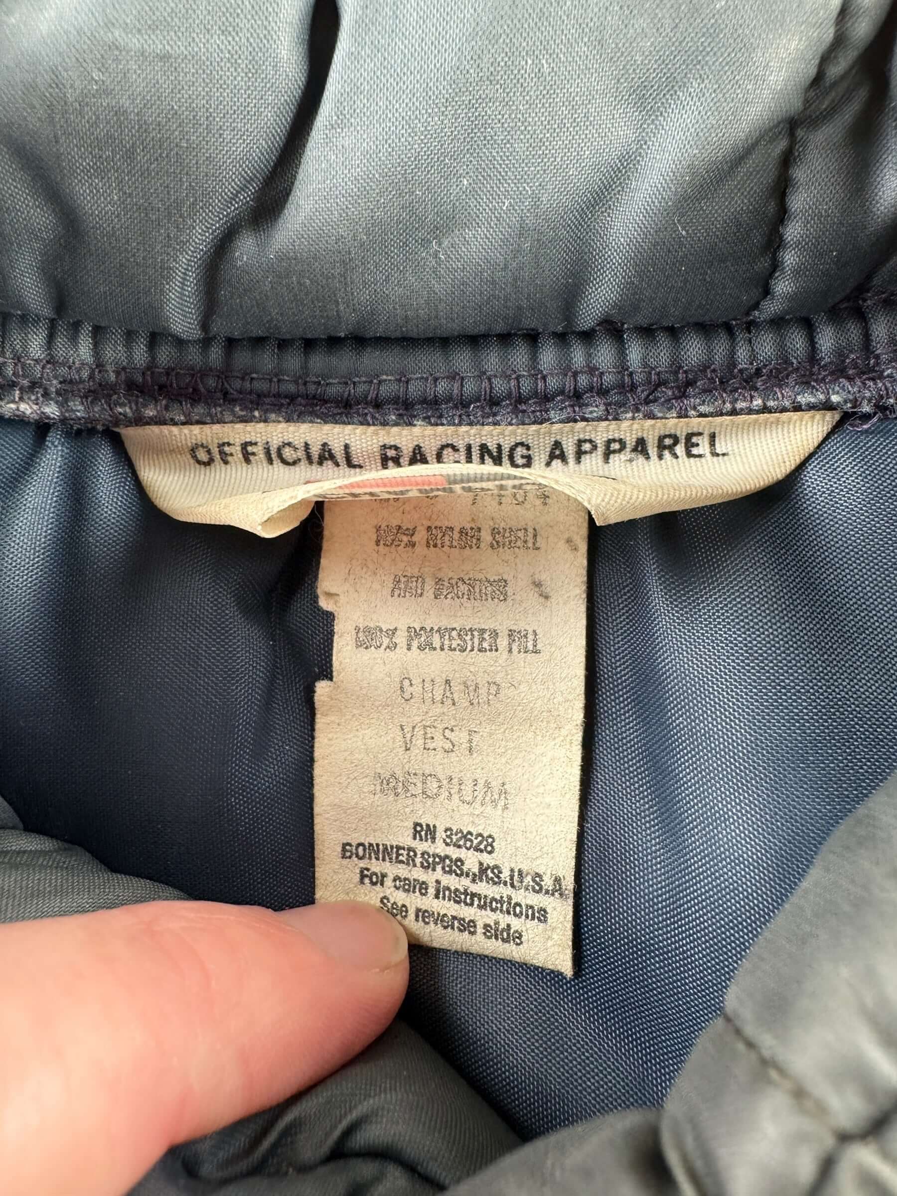 Size Tag on Vintage Champion Puffer Vest SZ M