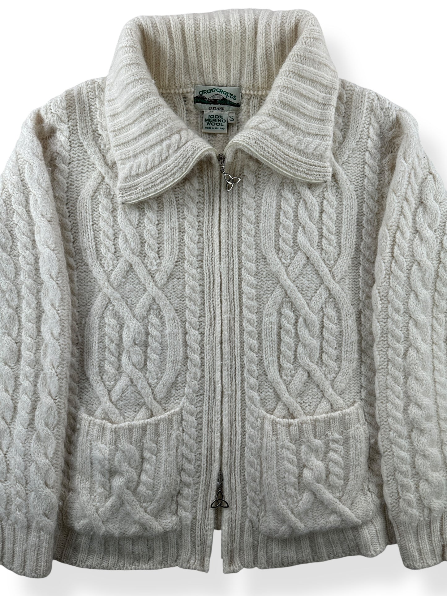 Front Close Up of Vintage Zip Up Irish Wool Sweater SZ S