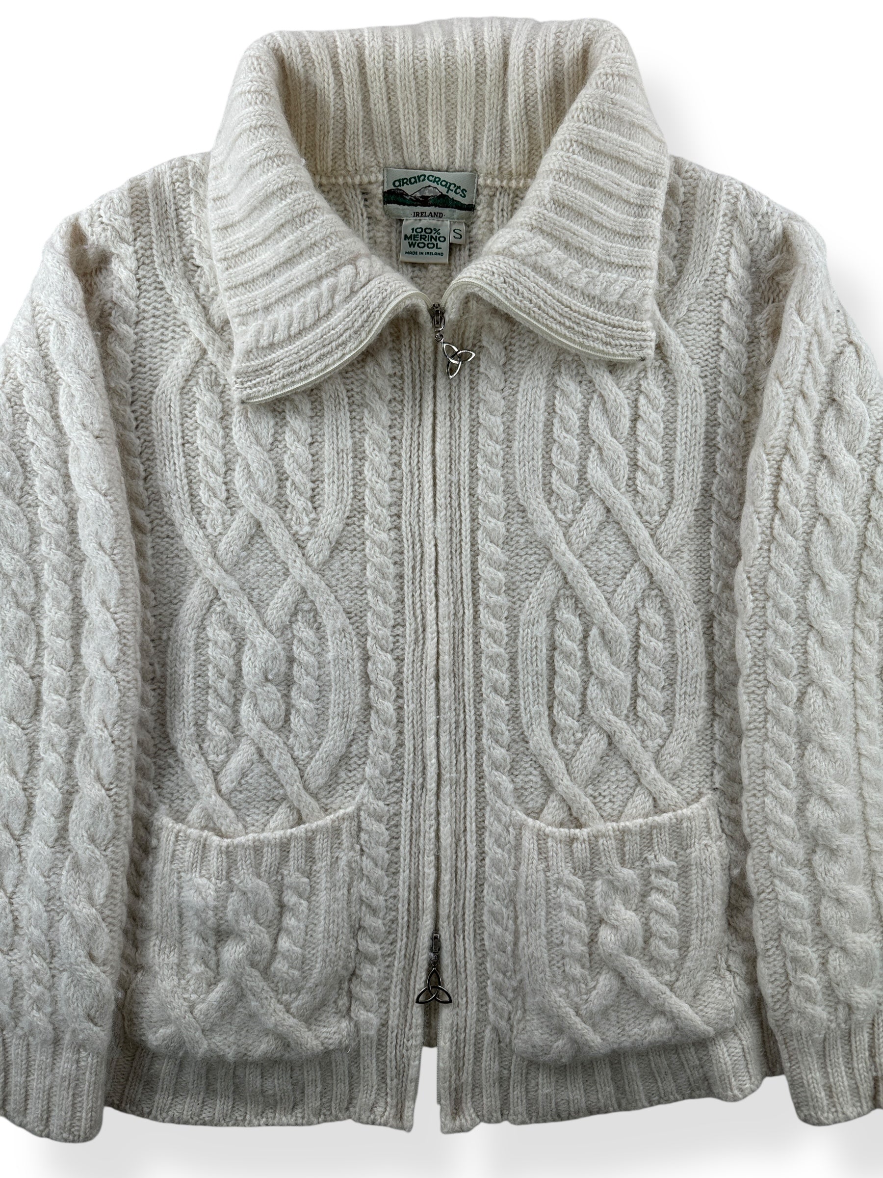 Front Close Up of Vintage Zip Up Irish Wool Sweater SZ S